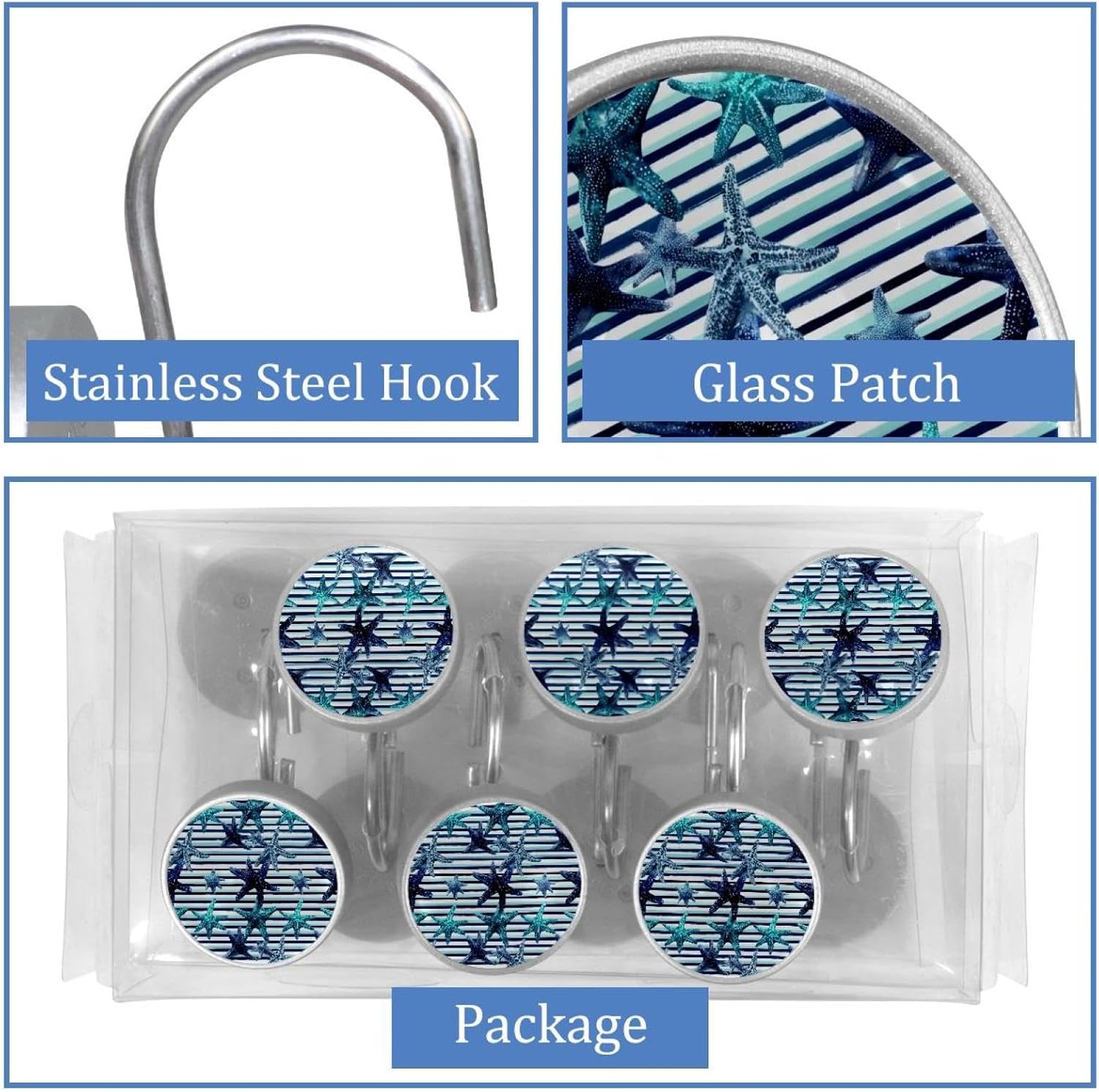 Set of 12 Navy Blue and Turquoise Sea Stars on Str (3) Shower Curtain Hooks, Stainless Steel Shower Hangers for Bathroom, Rustproof Decorative Shower Rings for Bedroom Living Room Shower Curtain Rod