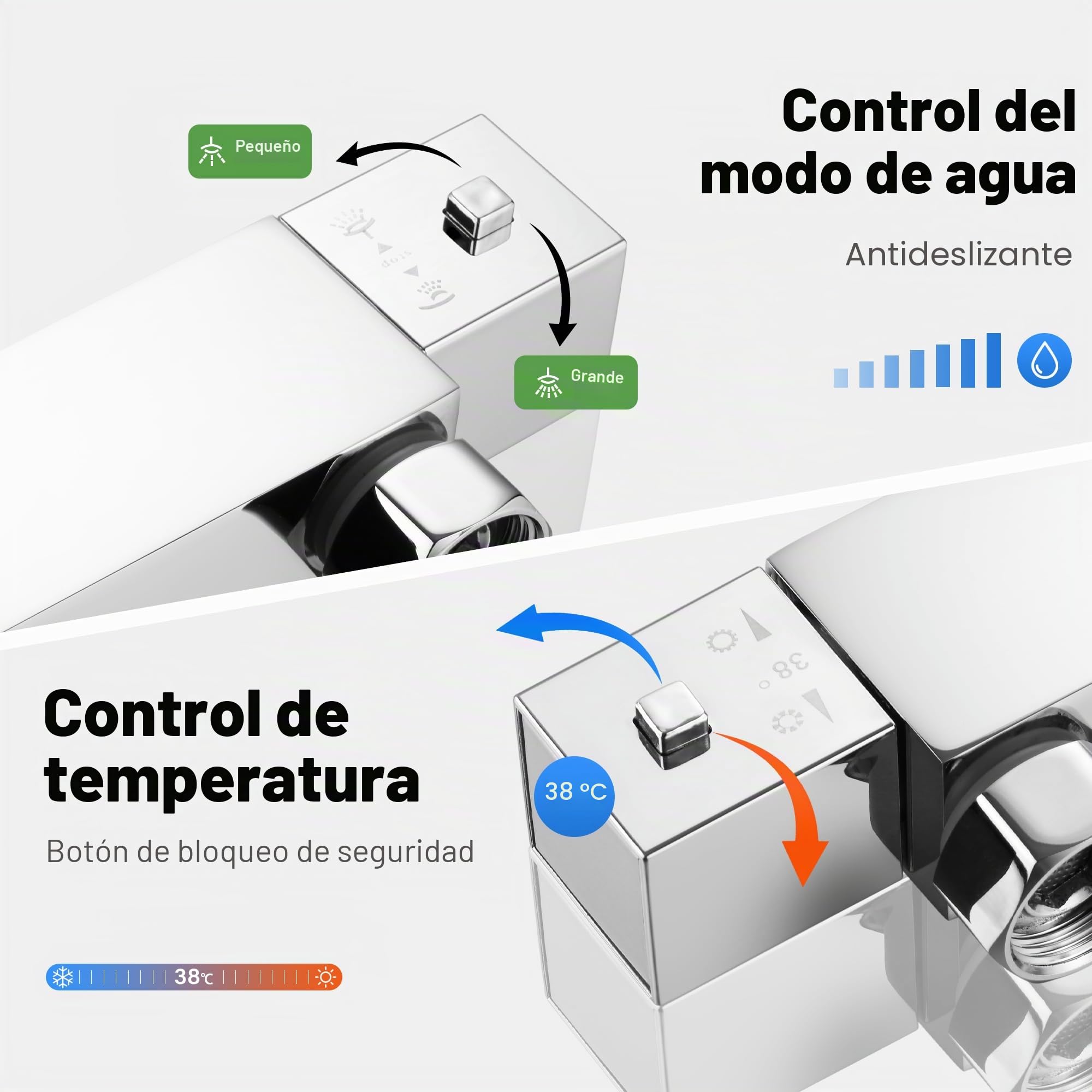 Grifo Termostático Ducha STANEW,Universal, 2 Salidas, Grifo de Ducha, Mezclador Termostático Para Ducha, Latón, Cromado Moderno, Alto 3/4" BSP (26,4 mm) + Bajo 1/2" BSP (21 mm)