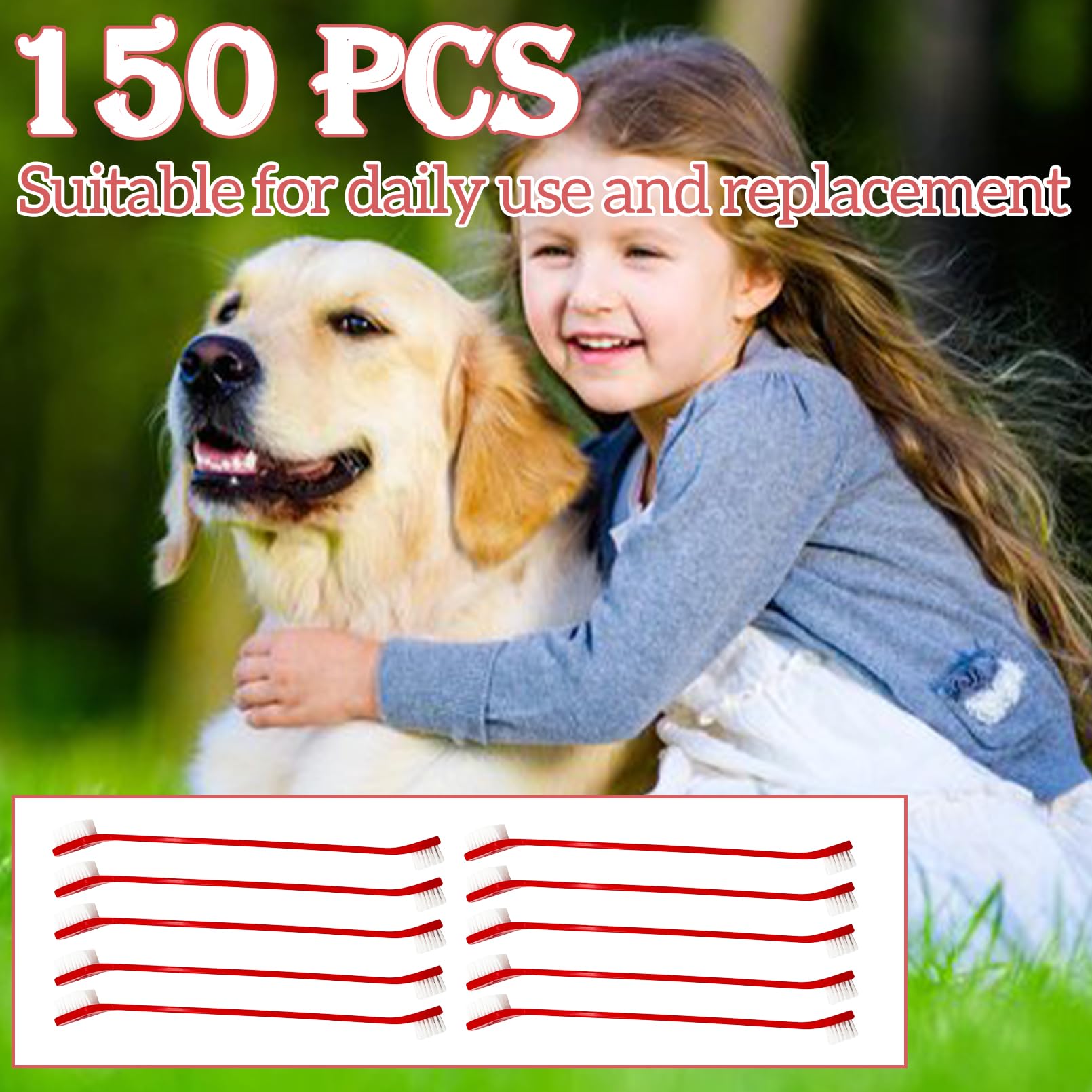 Lot de 150 brosses à dents à double tête pour chien - Brosse à dents à long manche doux - Brosses dentaires pratiques double face pour animaux domestiques - Brosse de nettoyage des dents