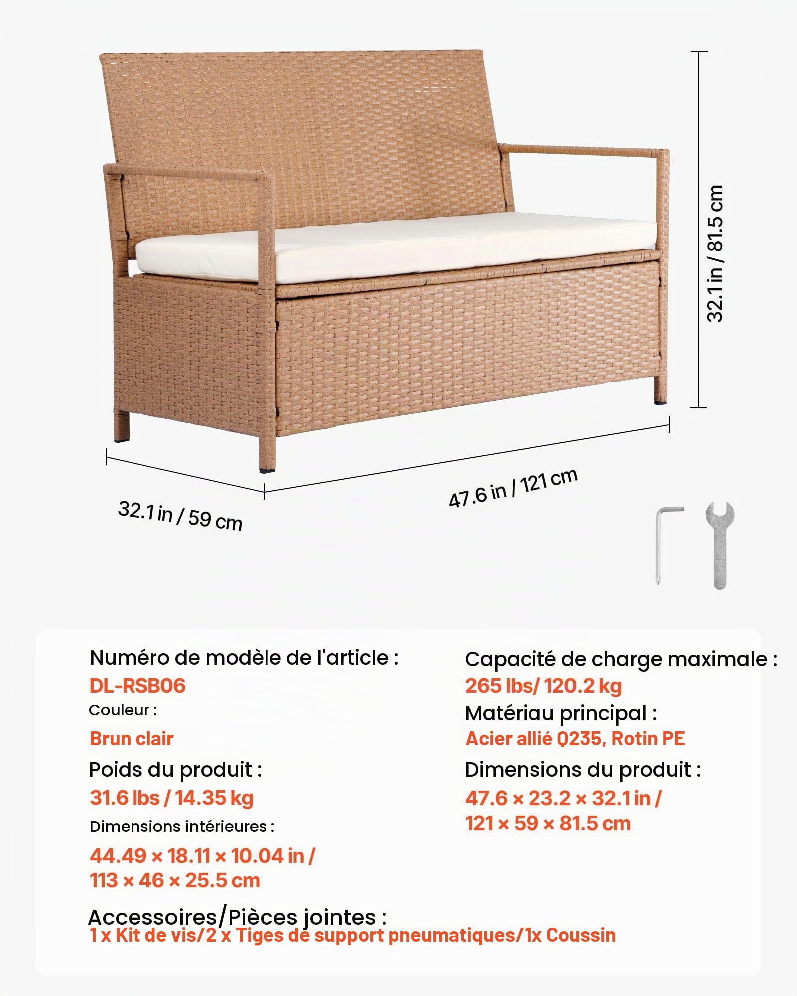 VEVOR Banc de Rangement Extérieur en Rotin Synthétique Coffre de Jardin 265 L, Banc de Terrasse avec Coussin, Capacité de Charge 120,2 kg, Siège d'Extérieur pour Patio, Jardin, Balcon, Cour, Porche