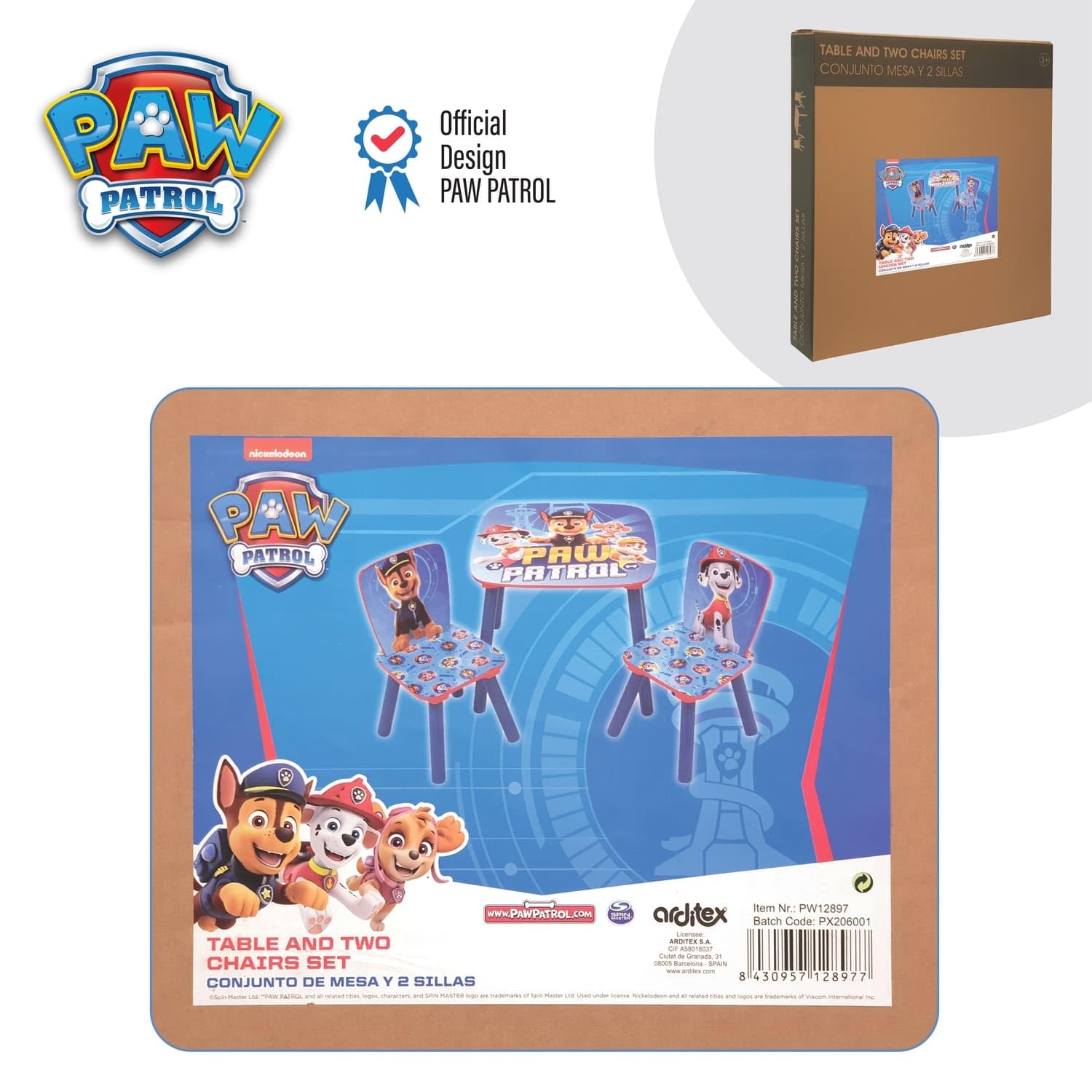 ARDITEX - Ensemble Table et 2 Chaises en Bois pour Enfants Licence Officielle La Pat’ Patrouille - Table 50x50x44 cm/Chaise 26,5x26,5x50 cm - Bleu - Idéal pour Jouer et Dessiner