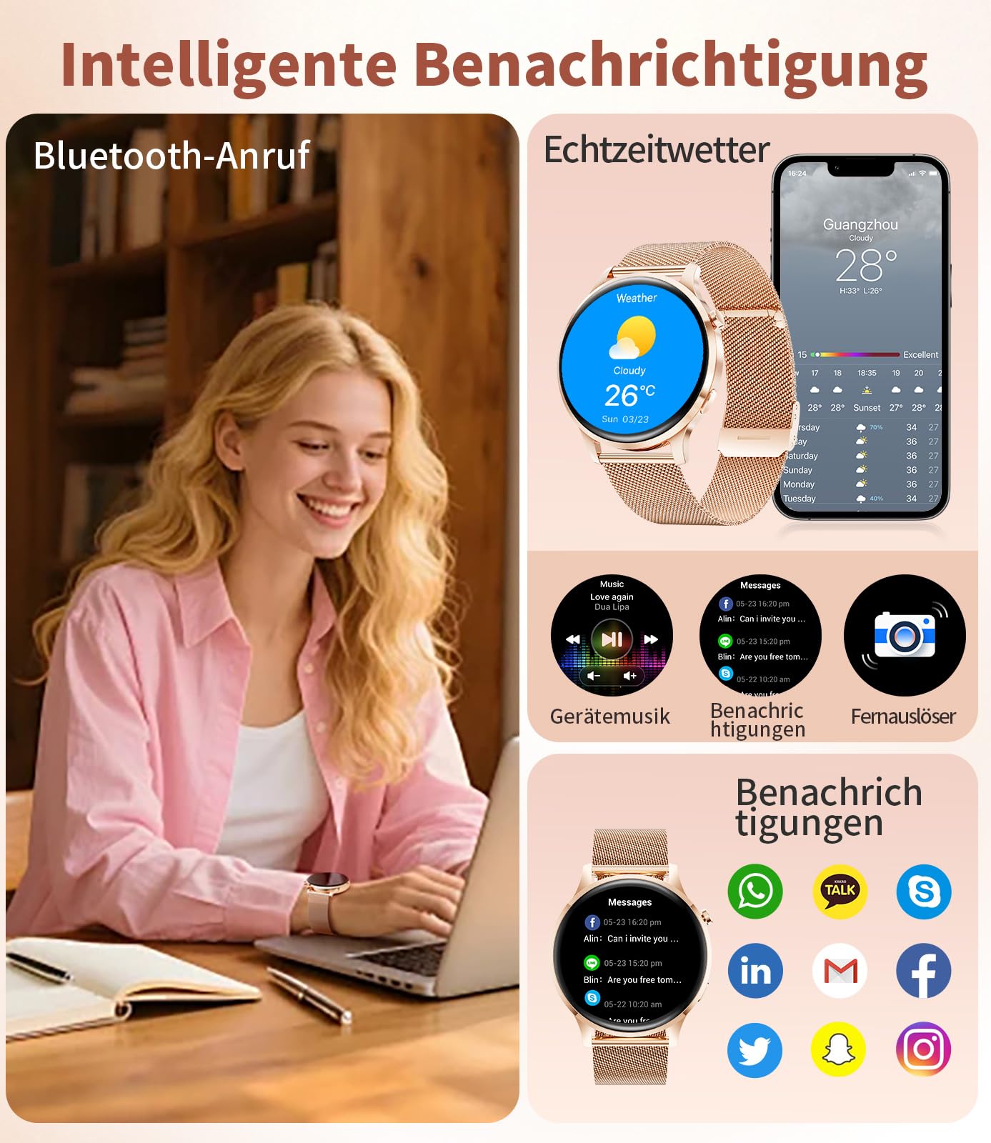 LIGE Smartwatch Damen Rund mit Telefonfunktion 7,9mm Dünn 1.32" AMOLED Elegant Fitnessuhr Frauen für Android iOS,Sportuhr mit Herzfrequenz Schlafmonitor,Menstruationszyklus,100+ Sportmodi,Roségold