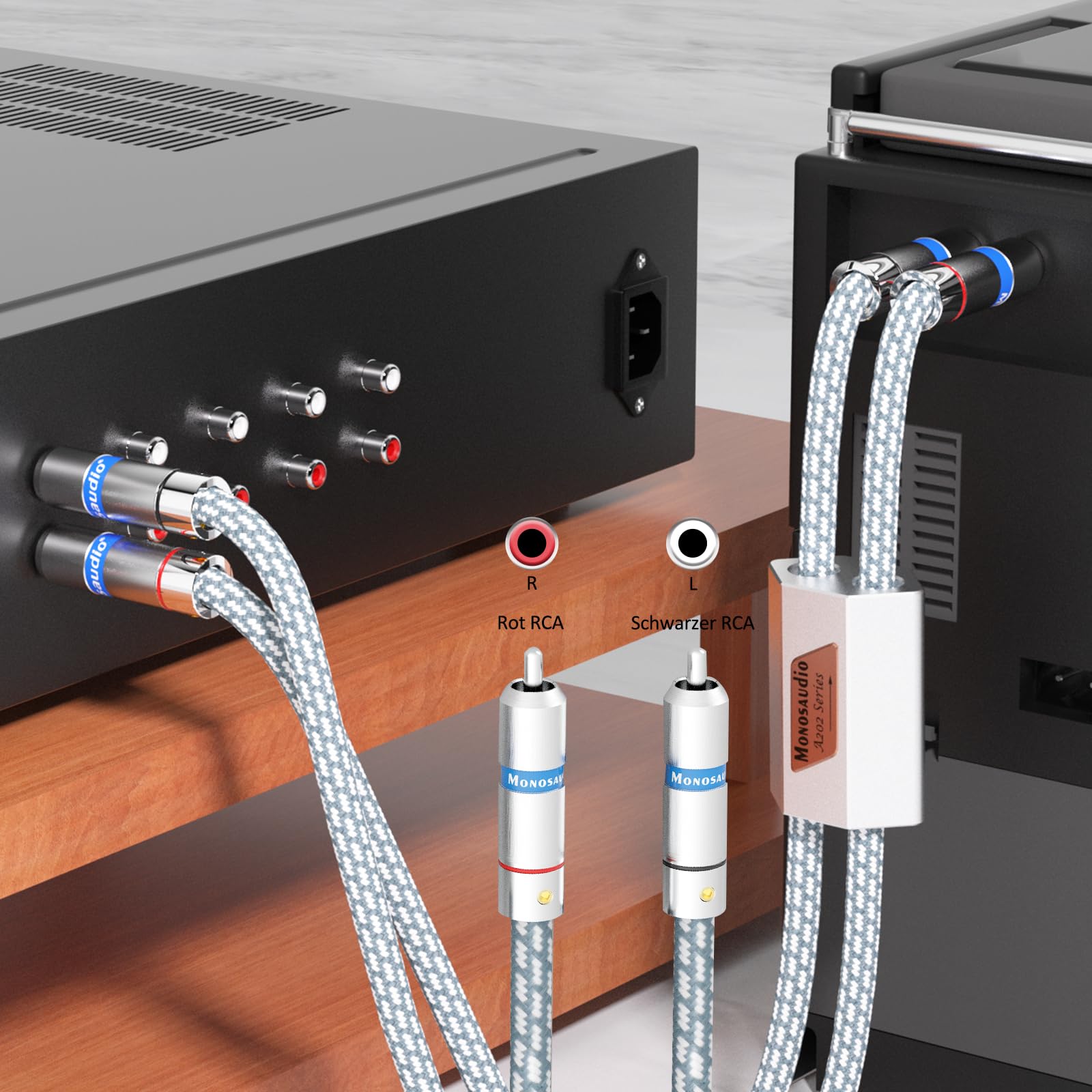 Monosaudio Cavo RCA Hi-End 1,5 m A202R6R – placcato in rodio RCA 4N OFC rame senza ossido, doppia schermatura, cavo audio stereo per lettore CD/amplificatore/giradischi/altoparlanti