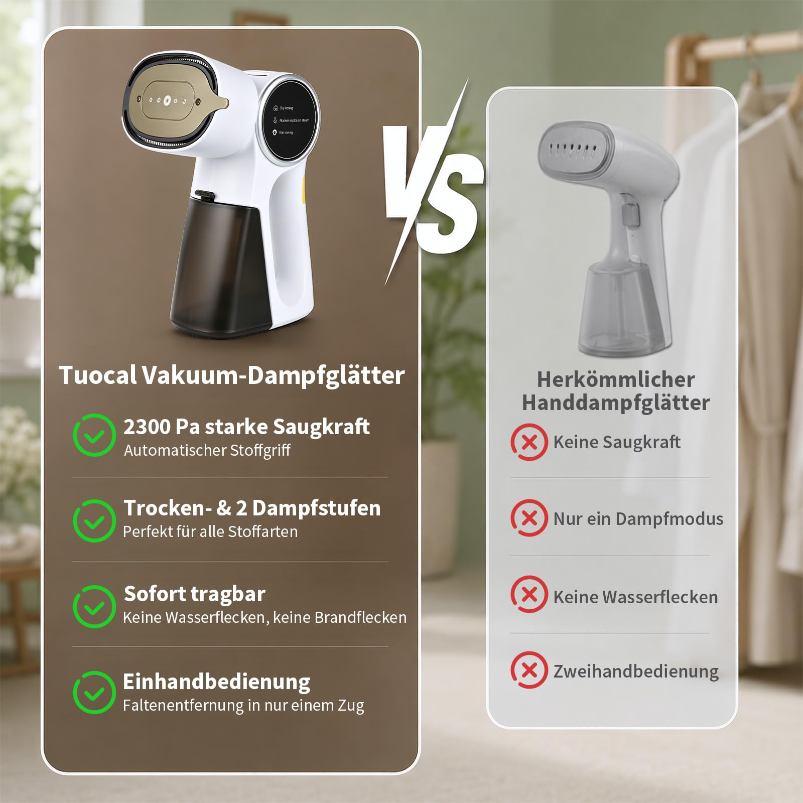 Steamer Dampfglätter mit Saugfunktion, 5000Pa Saugleistung 2-in-1 Dampfgarer & Bügeleisen Dampfbügeleisen 260ml Wassertank 3 Modi & 360°-Auslaufschutztechnologie zur Faltenentfernung