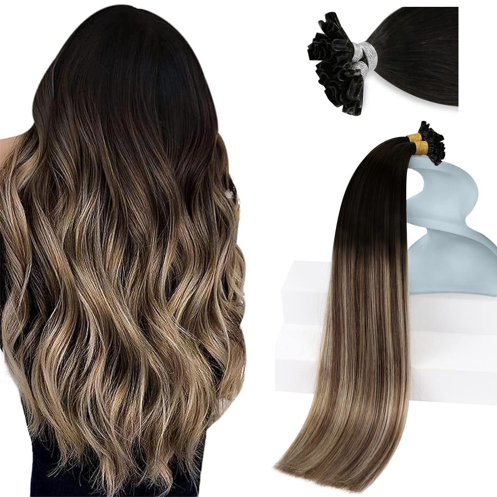 Sunny Hair U Tip Hair Extensions Human Hair Highlight Personality K Tip Hair Extensions Black Ombre Dark Brown Balayage Medium Ash Blonde Natural