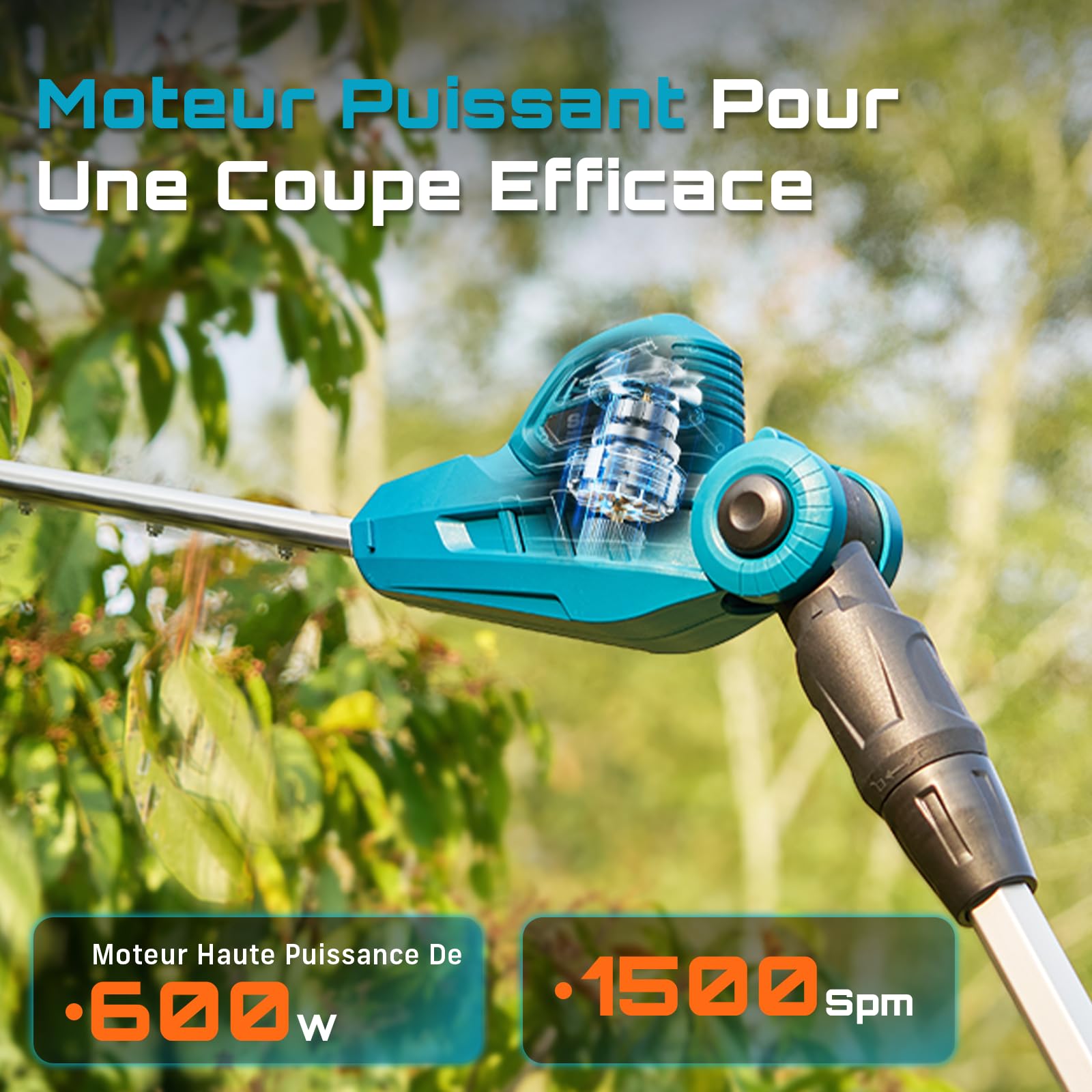 SEESII Taille Haie Electrique Telescopique 2,6 m, Taille-Haies Électriques avec Lame Double Action 40 cm, 2 * Batteries 4,0Ah, Tête Pivotante 135° Réglable, pour Haies Hautes et Arbustes Denses