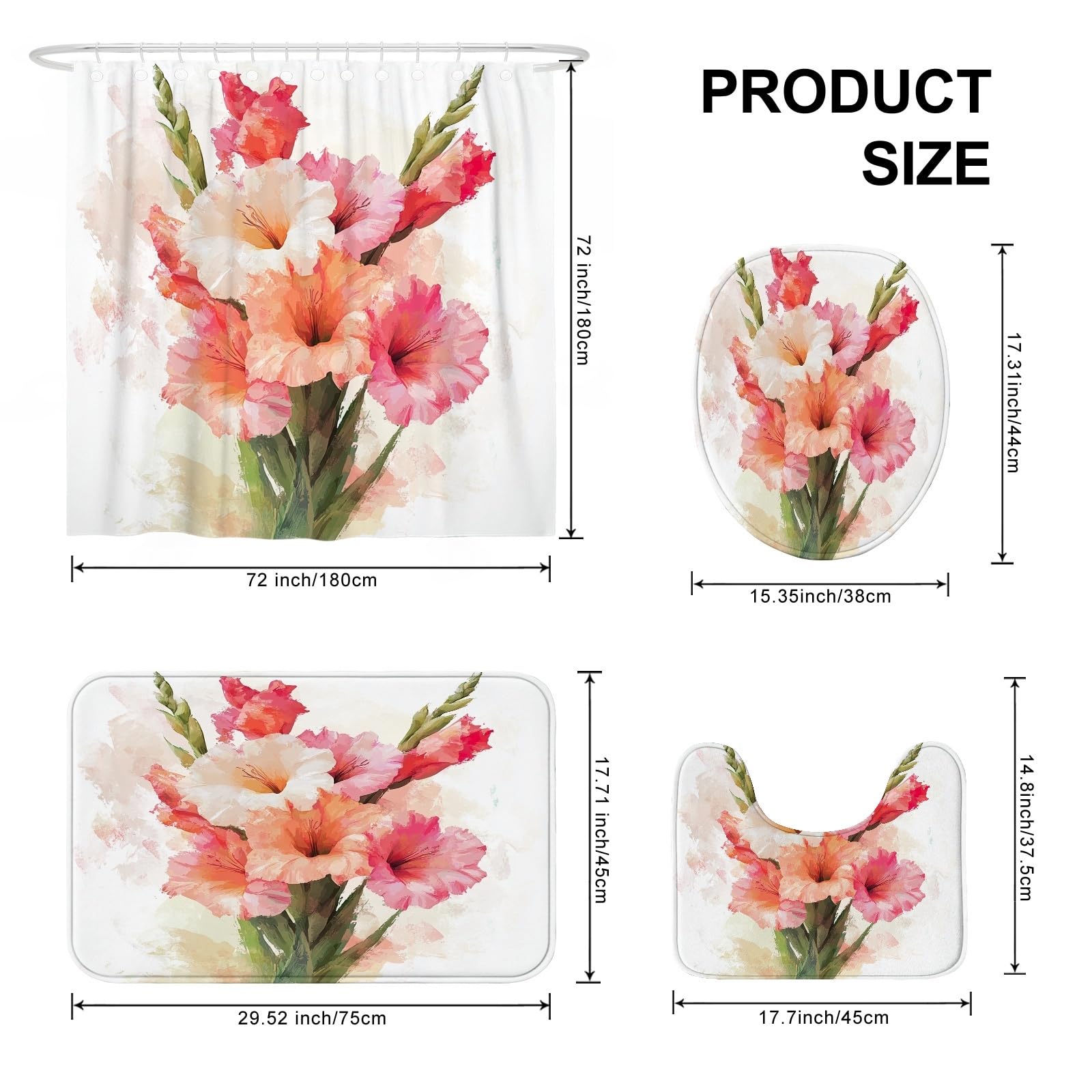 Juego de 4 accesorios de baño de flores de gladiolo de primavera con alfombra antideslizante, en forma de U, cubierta de tapa de inodoro, decoración de baño de plantas florales en acuarela, 72 x 72
