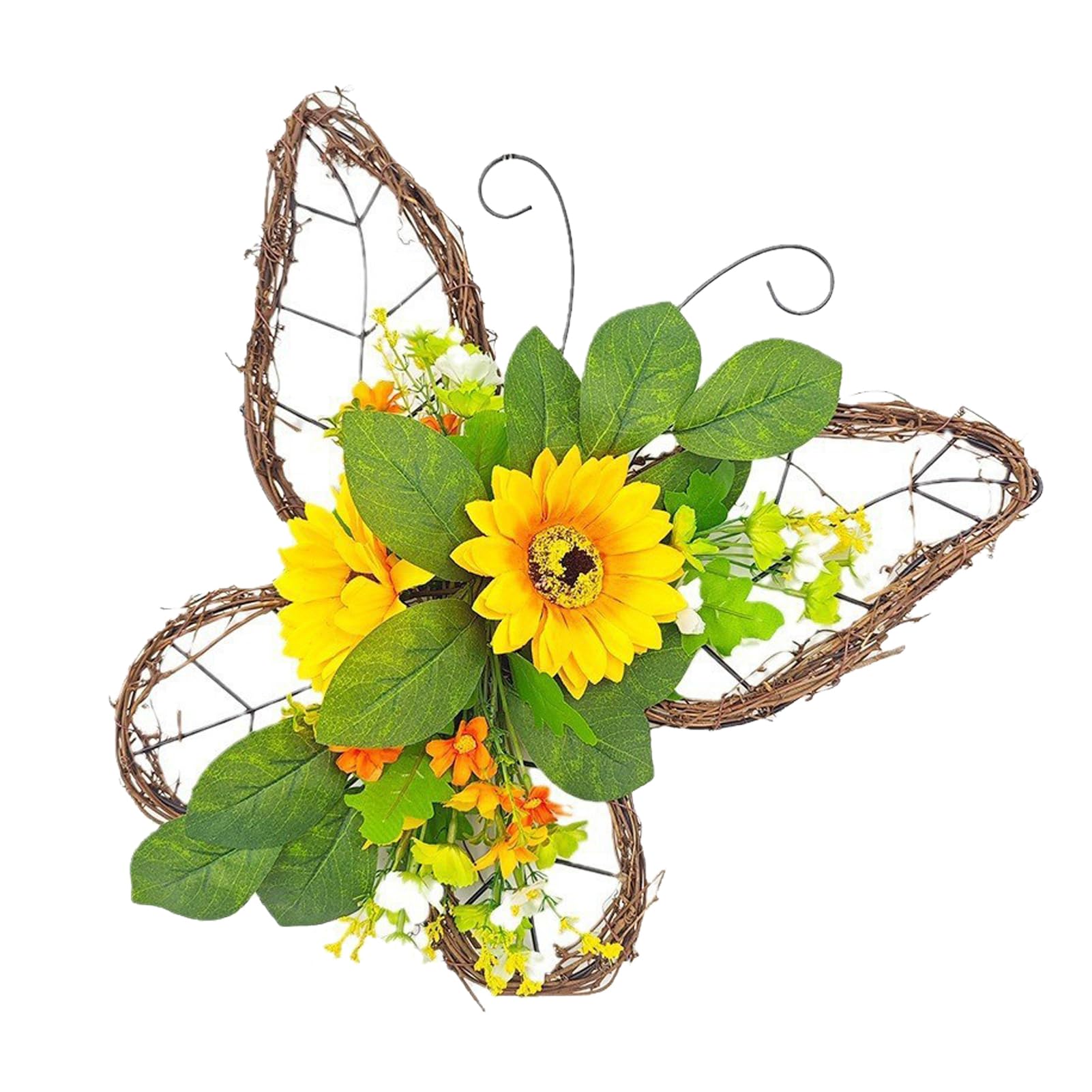 MISNODE Butterfly Shaped Wreath, Floral Artificial Wreaths for Front Door Wall Window, Spring Wreath with Green Leaves and Yellow Flowers, Summer Wreath for Party Holiday Home(Green)