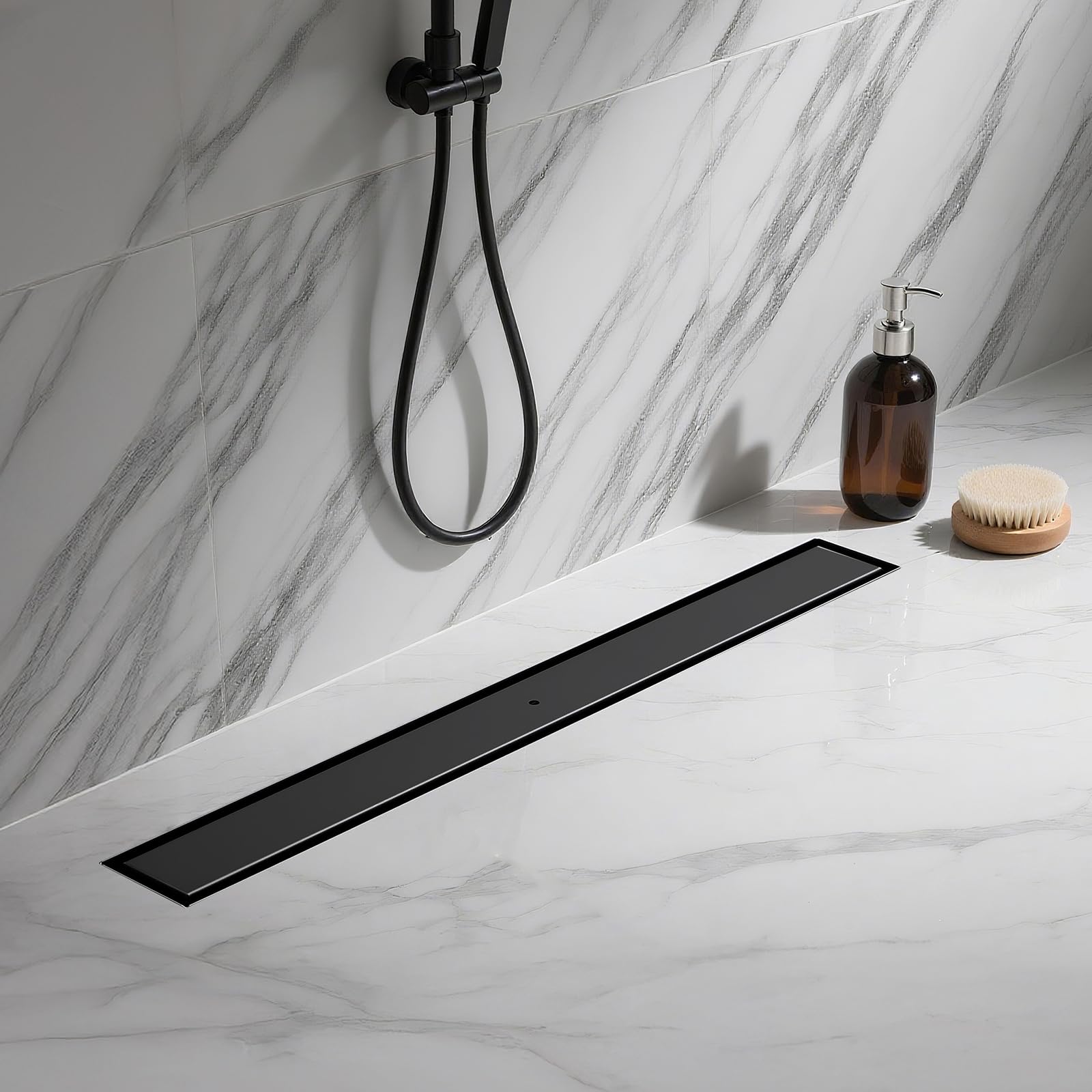 Canaleta para ducha con revestimiento de azulejos, 80 cm, color negro mate, sifón de 360° con filtro antiolores y filtro para el pelo, acero inoxidable 304, desagüe para el suelo, desagüe de