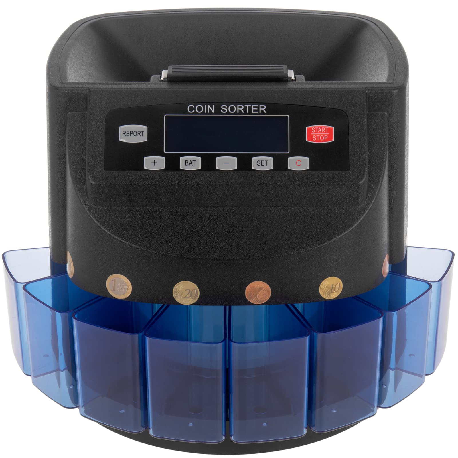 PrimeMatik - Contador de Monedas Negro para Euro con clasificador automático y Visor Multi-Moneda