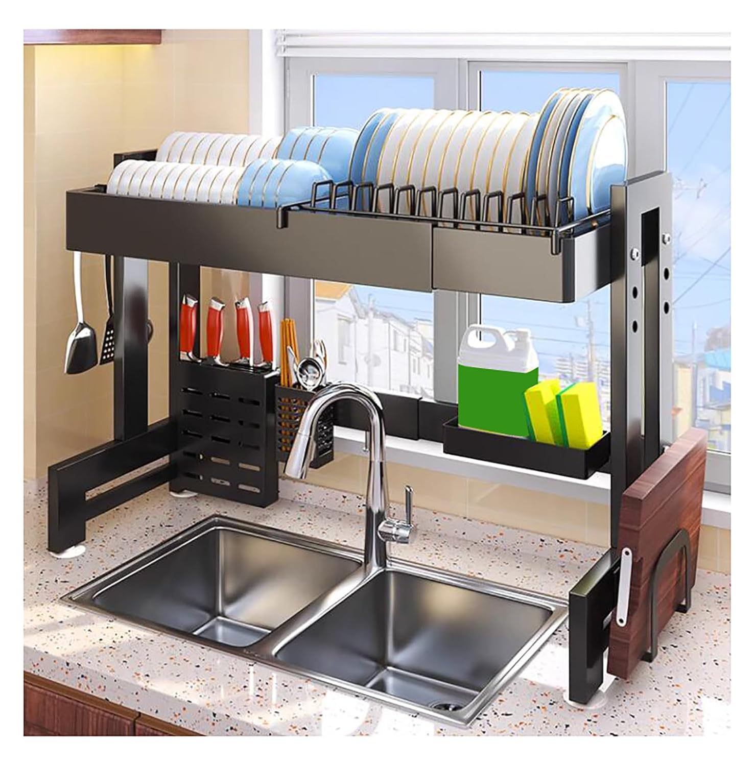 Expandable Sink Dish Drying Rack with Baskets Hooks Utensil Holder Over Sink Kitchen Dryer for Plates Bowls Pots