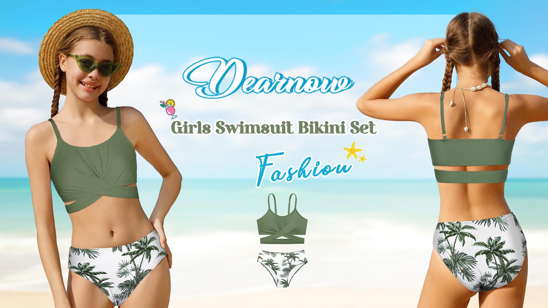 Bikini Para Niñas De 2 Piezas - Top Cruzado Con Almohadillas Y Pantalón Alto Estampado Floral