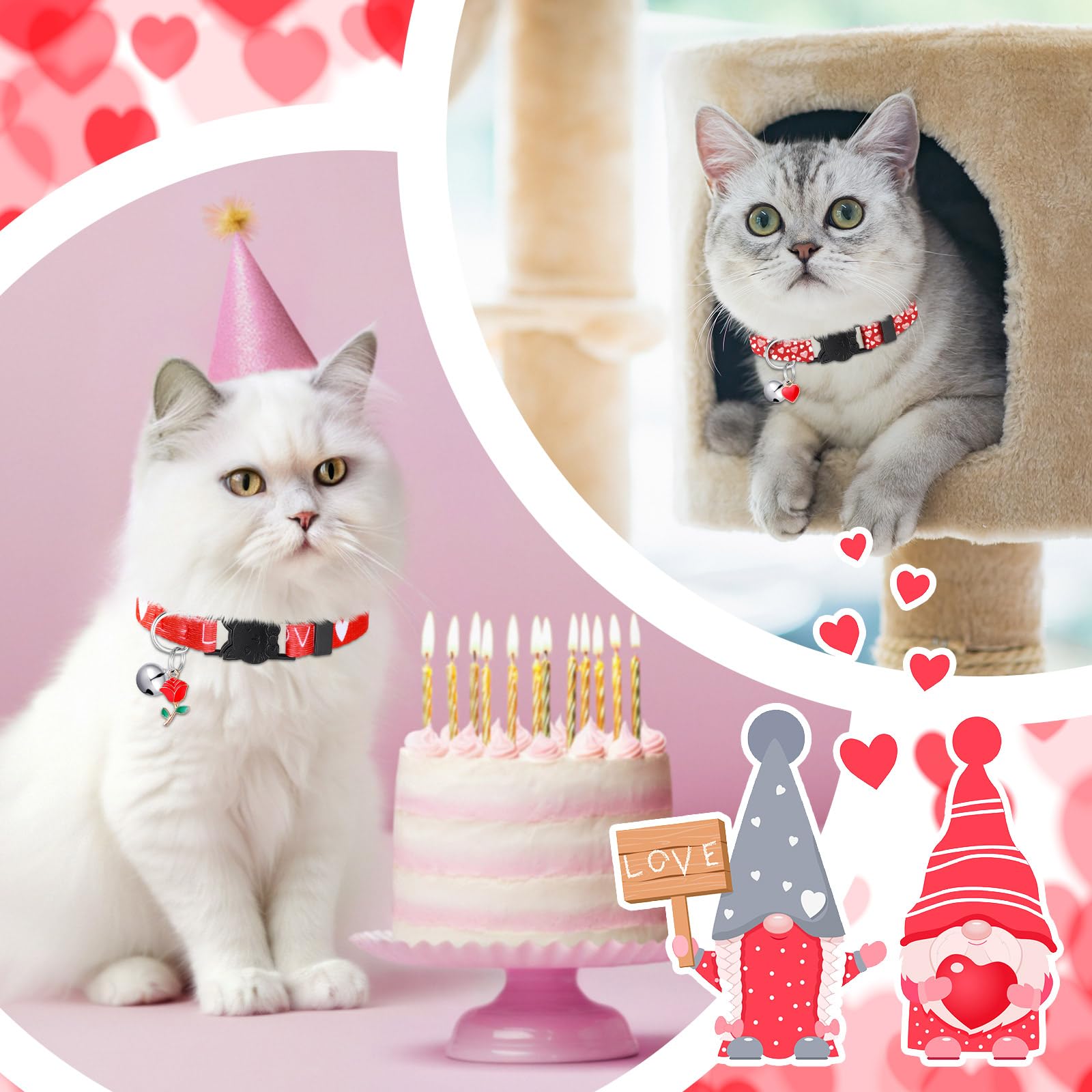 Huhumy 8 collares de gato de San Valentín ajustables con campana collares de gato con hebilla de plástico regalo para gatitos, mascotas, cachorros y perros