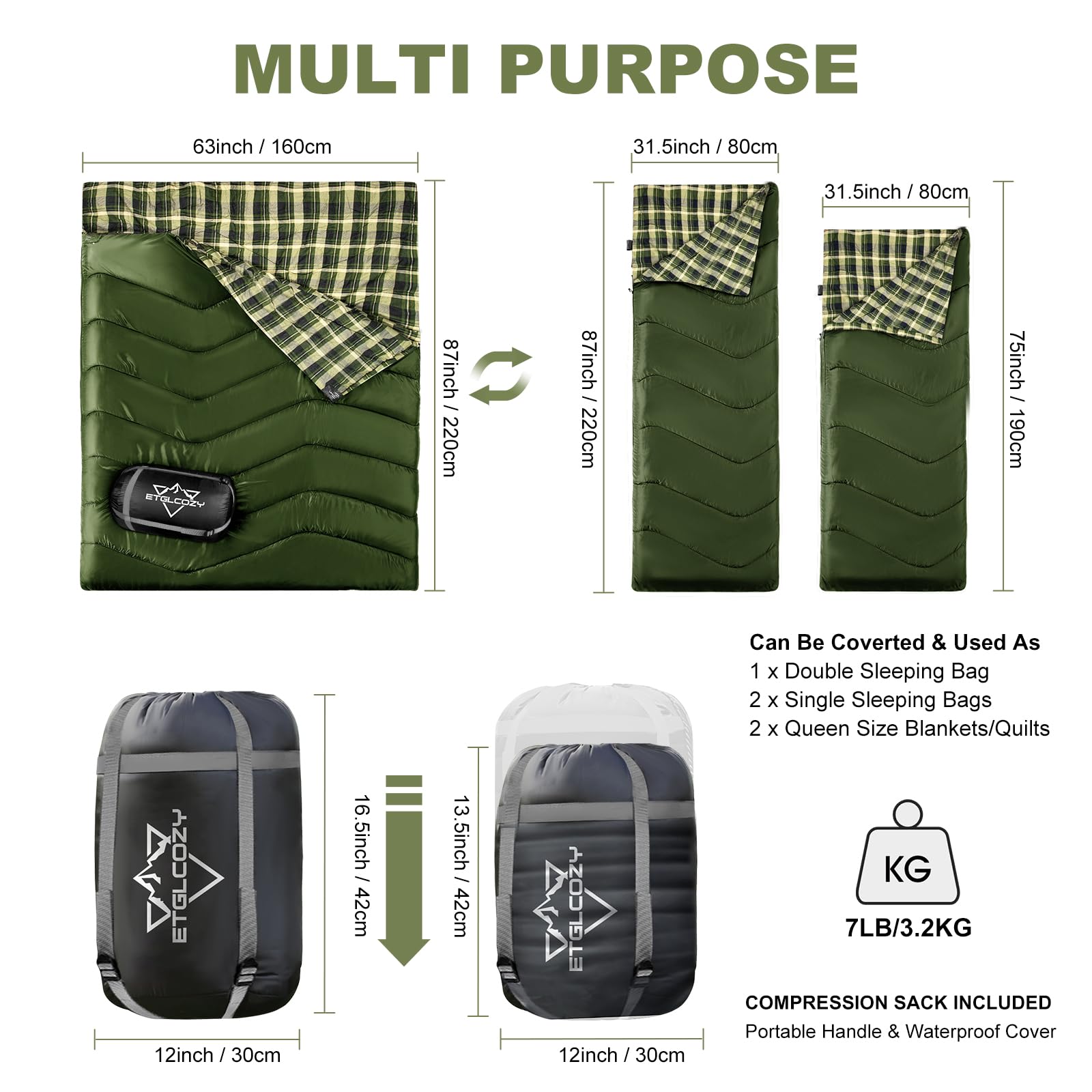 Ganzjahres Schlafsack Wandern Doppelschlafsack Fr 2 Personen XL Queen Size   Camping Schlafsack Erwachsene & Kinder, Ganzjahres, Wasserdicht Mit  Kompressionssack
