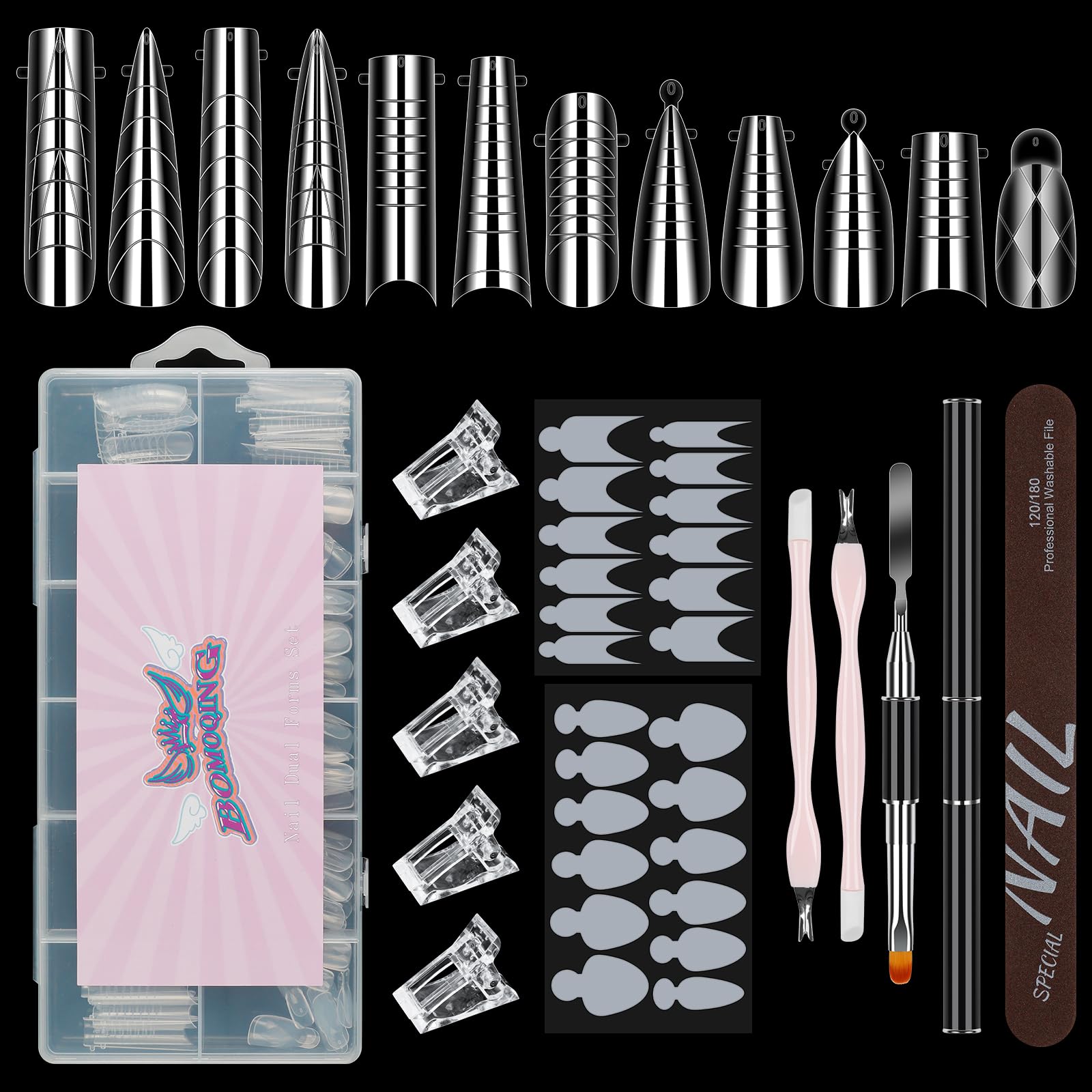 Nail Dual Forms for Poly Gel Set, 12 Styles 12 Sizes Nail Mold Extension Forms, 144Pcs Full Cover False Nail Tips, Duet System with 5pcs Nail Clips