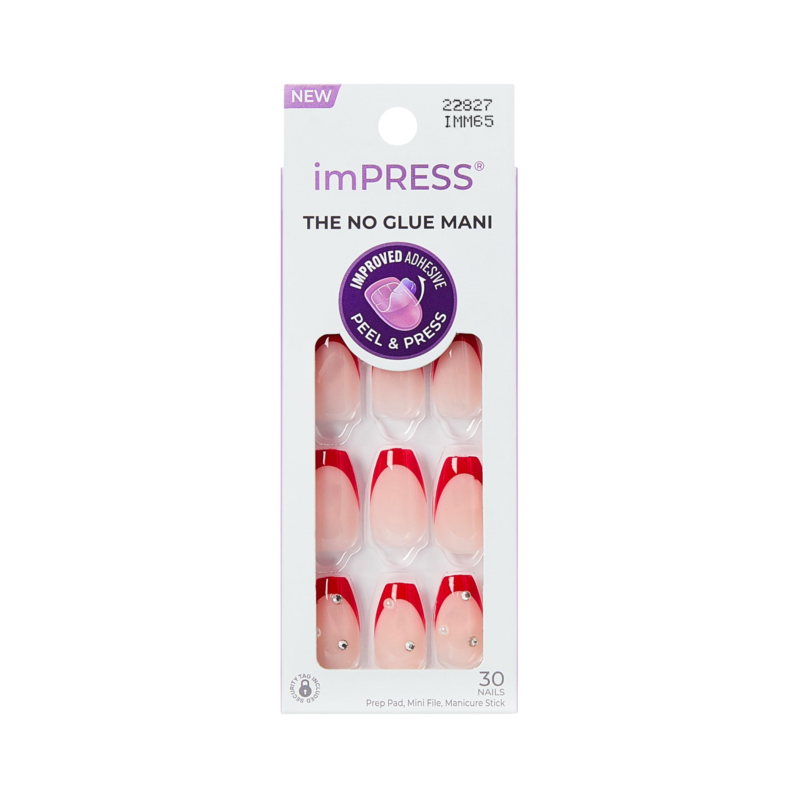 Impress Kiss No Glue Mani Press On Nails, Design, 'Happy World', Red, Medium Size, Coffin Shape, Includes 30 Nails, Prep Pad, Instructions Sheet, 1 Ma
