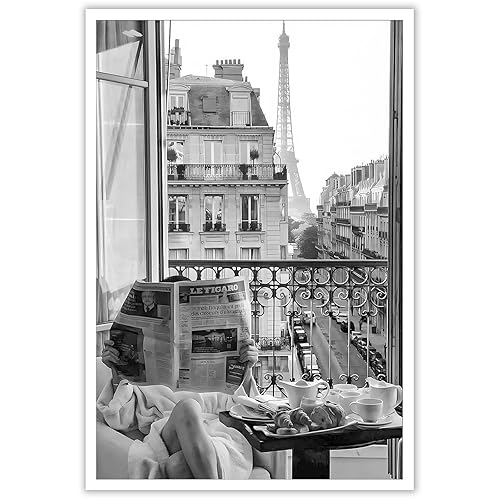 Vintage Girl Reading Newspaper Poster Eiffel Tower View Canvas Wall