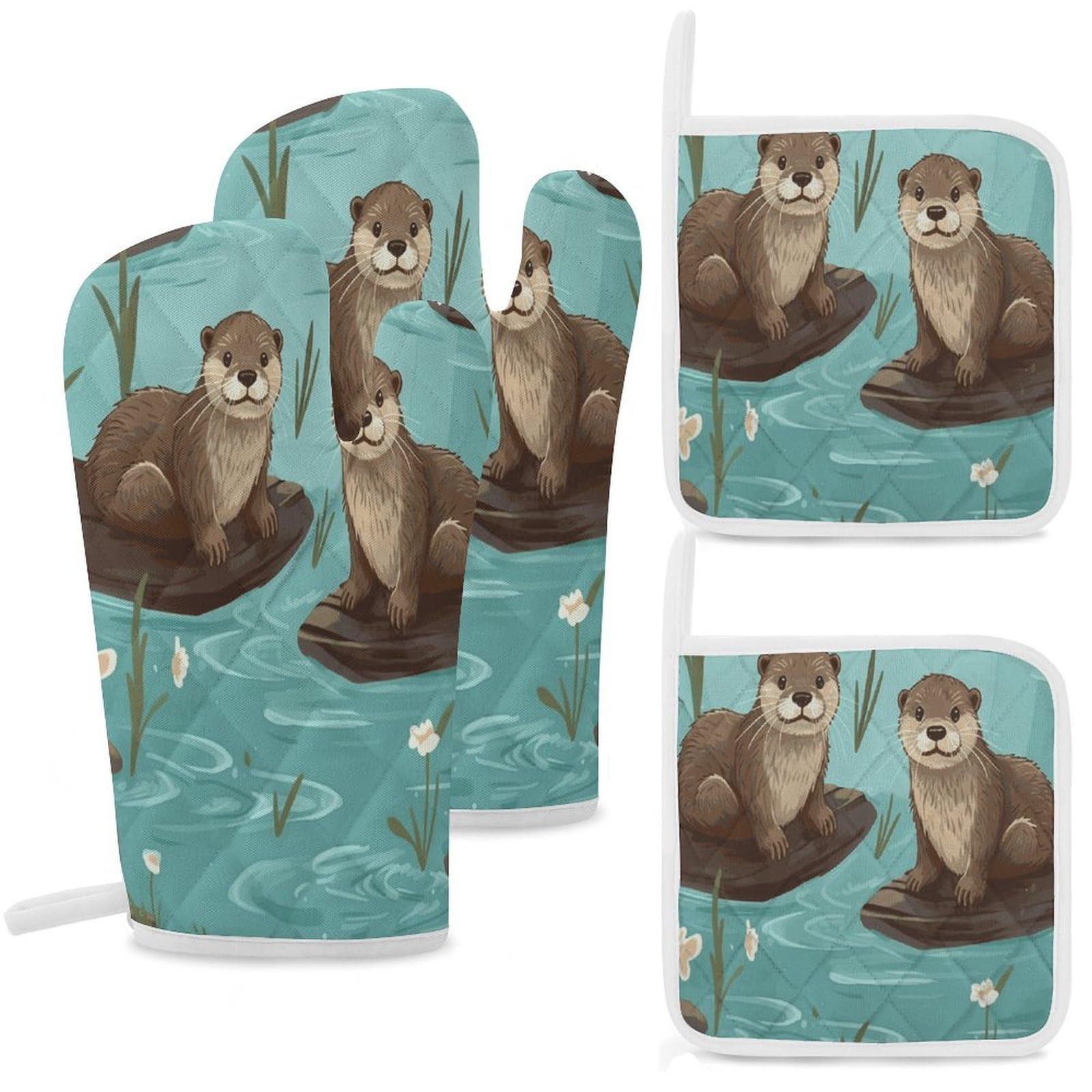 Fekiloot Style Otters Oven Mitts And Pot Holders 4-Piece Set, Kitchen Oven Glove With Hanging Loop, Bbq Gloves For Cooking Baking Grilling