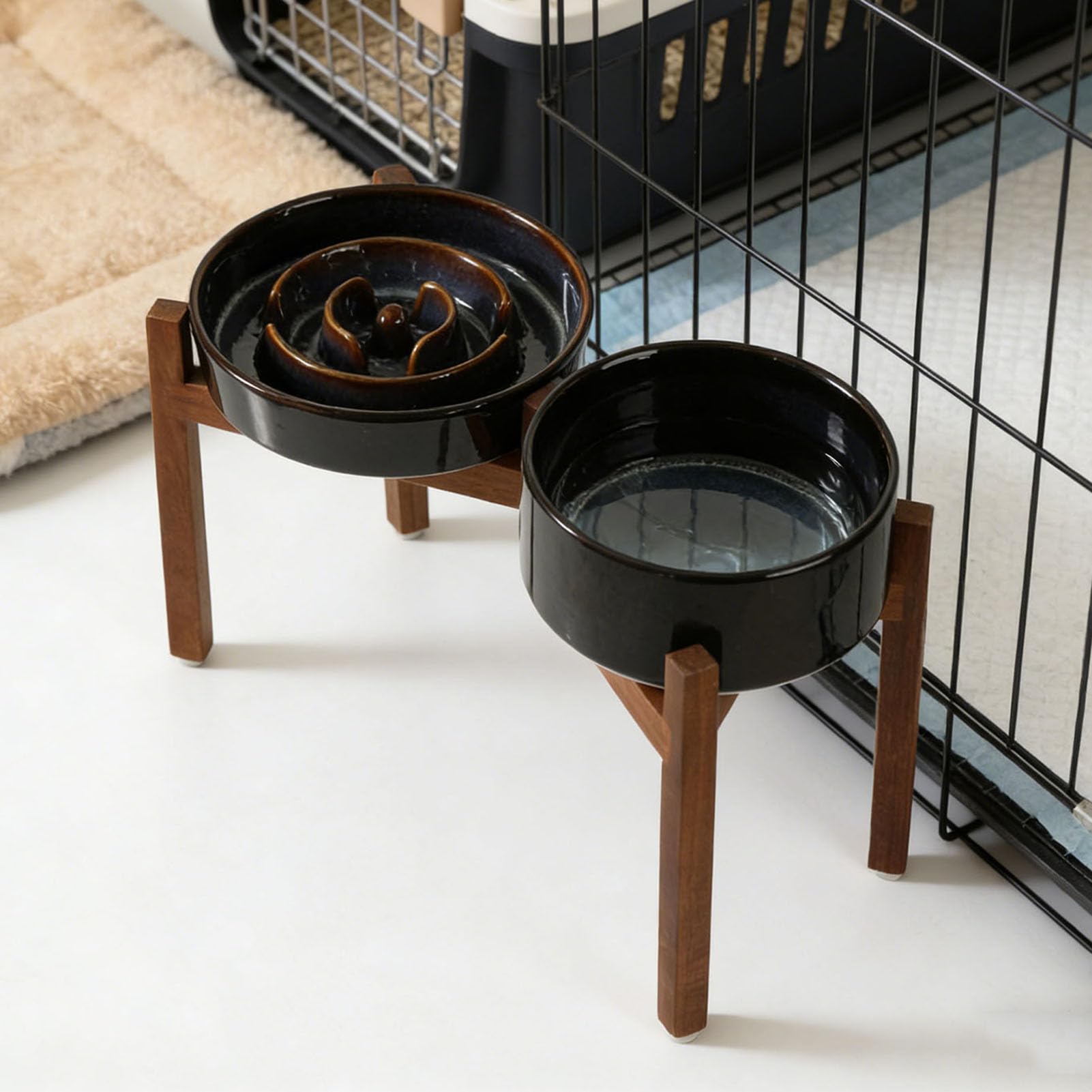 Cuenco de Cerámica para Gatos con Comedero Lento con Base de Madera Elevada, Comedero Elevado para Gatos Antideslizante y Fácil de Limpiar para Comida Seca y Húmeda (I. 1 Yen + h. AIN bul)