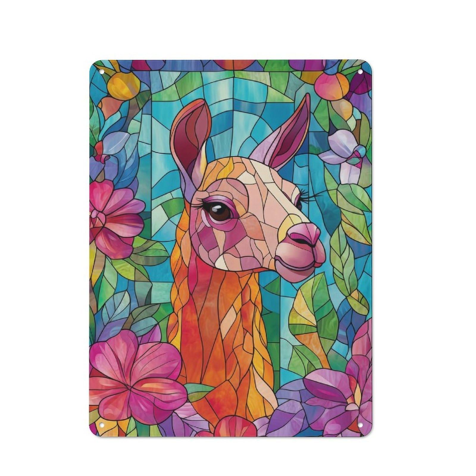 Junmoney Stained Glass Llama Retro Metal Plaque 40X30cm Featuring For Garage Wall, A Winter Wall Decor Update For Workshop Decor Fans
