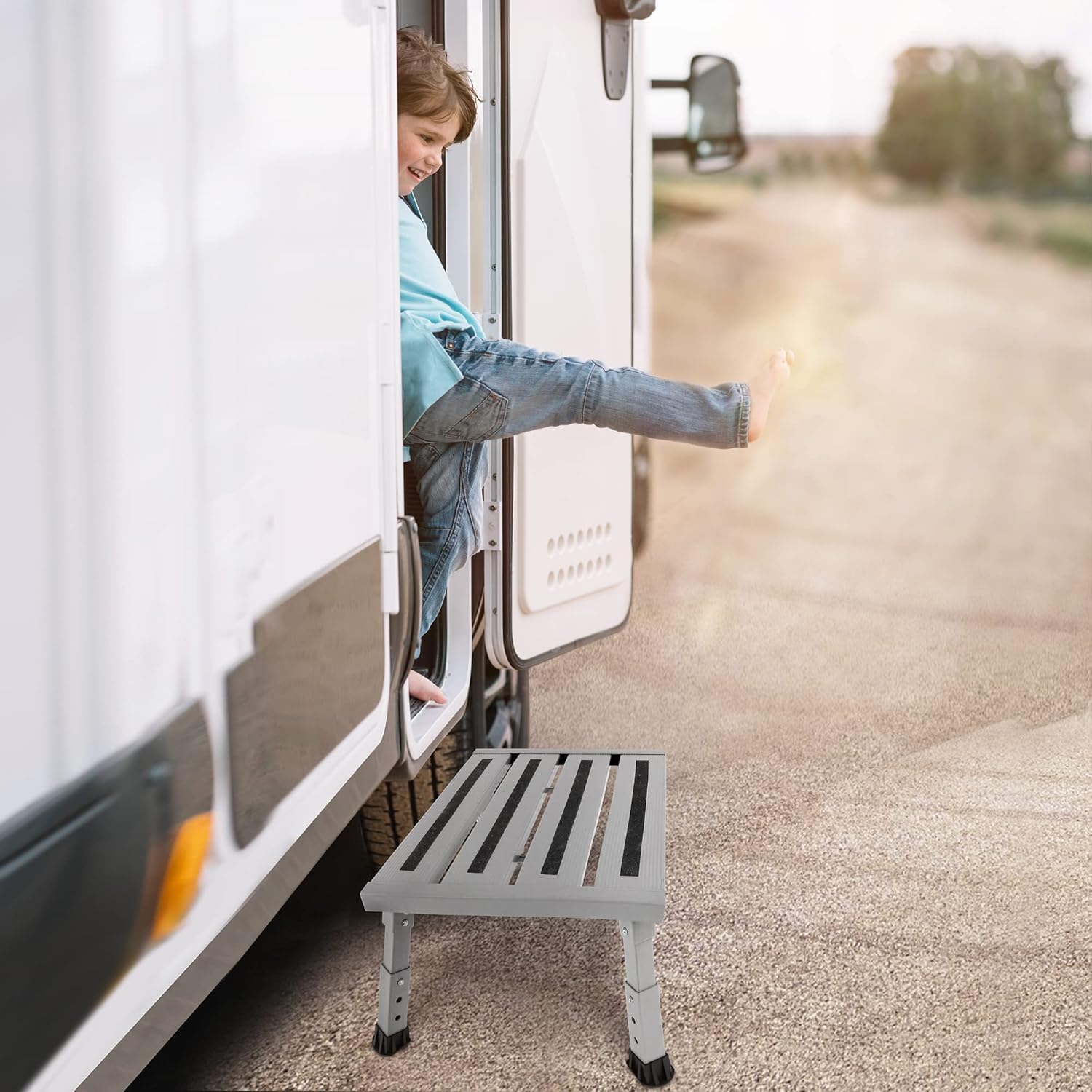 Aluminium Klapptritt Trittstufe, 3-stufige höhenverstellbare Anti-Rutsch Hockerleiter, 350 kg Belastung, Kippsicher &Leicht, für Camping, Küche und Wohnmobil Tritthocker(Grau)