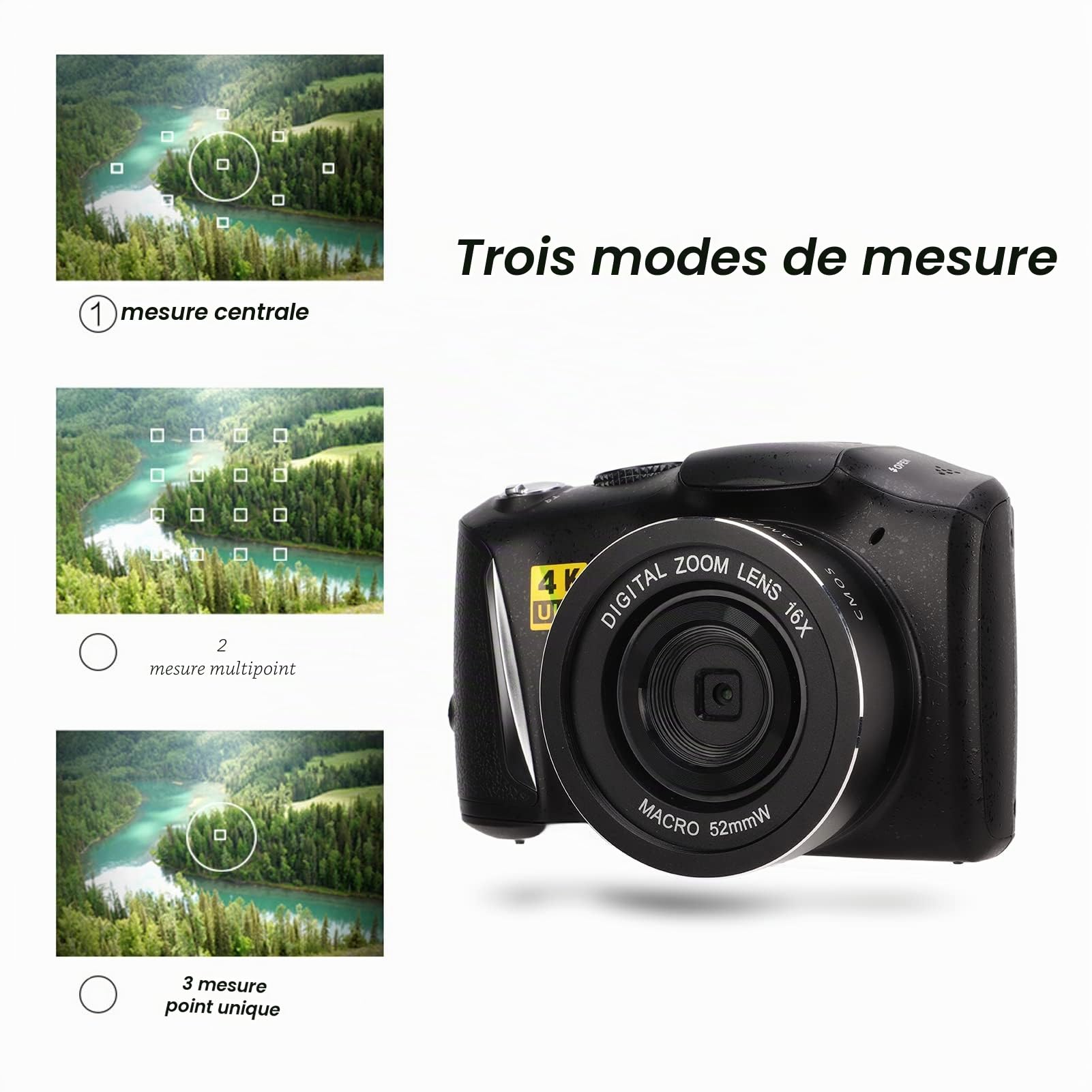 Appareil Photo Numérique 4K, Caméra Vidéo Ultra HD 48MP, Zoom Numérique 16X, écran LCD IPS 3,2 Pouces, Caméscope Vlogging avec Port Micro Externe 3,5 Mm, Port à Vis 1/4 Pouce, Port Fileté 52 Mm
