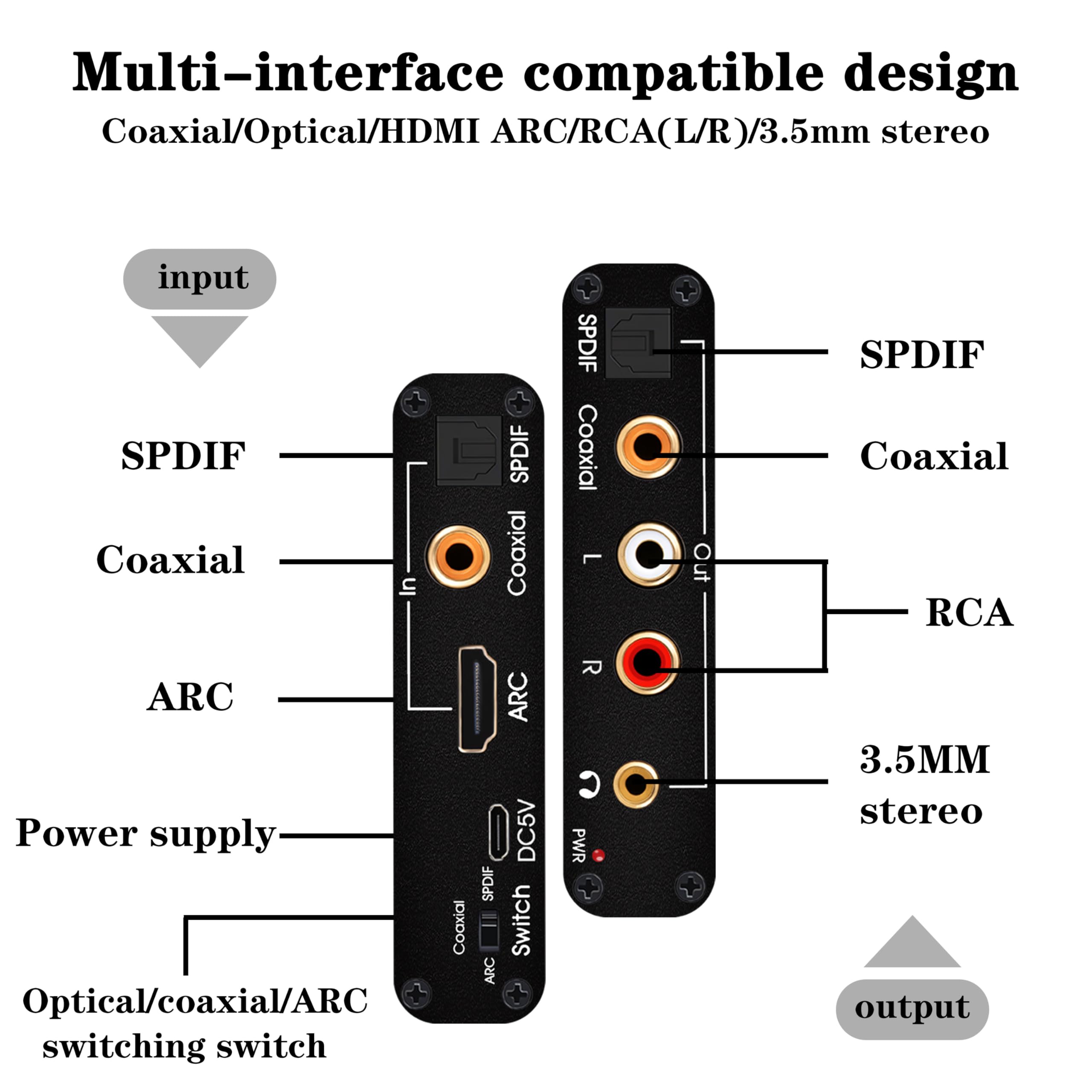 ArbaroClara HDMI ARC Audio Extractor, Optical to RCA DAC (Digital to Analog) Convertor, Toslink/SPDIF/Fiber/Coaxial to 3.5mm Headphone Jack Adapter, 192Khz SR, for PS4+/TV/AMP/Soundbar Output