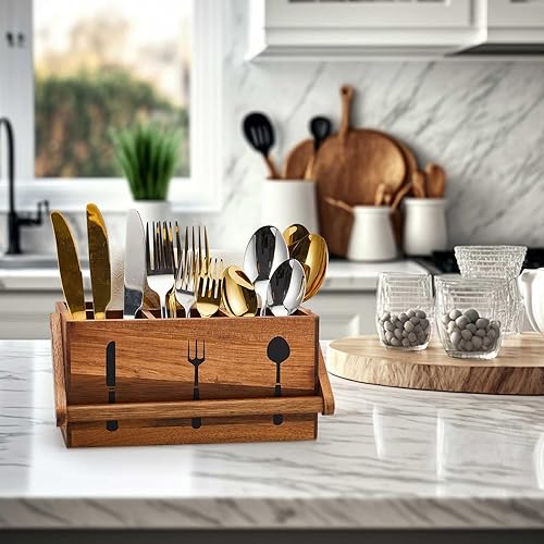 Miniatura 5 de Geetery Acacia - Organizador de utensilios de cocina con asa de madera, multiusos, para encimera, servilletas, organizador de utensilios para