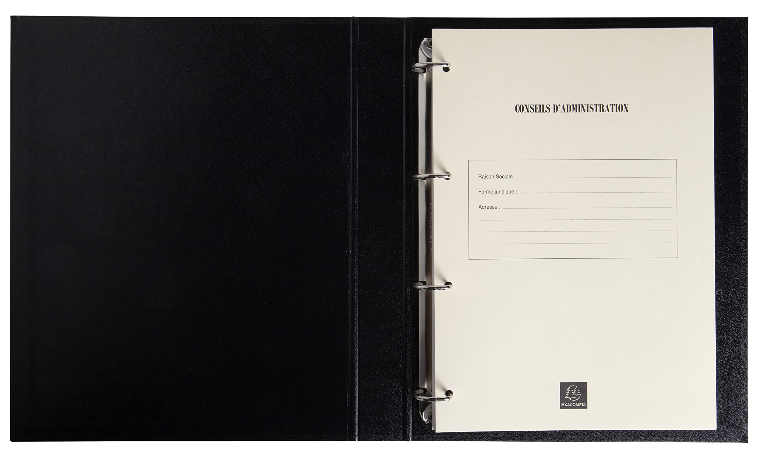Exacompta - Réf. 46230E - 1 classeur juridique écononomique noir CONSEILS D'ADMINISTRATION - 4 anneaux, couverture plastique - Dimensions 32x26cm - livré avec recharge 100 feuillets vierges numérotés