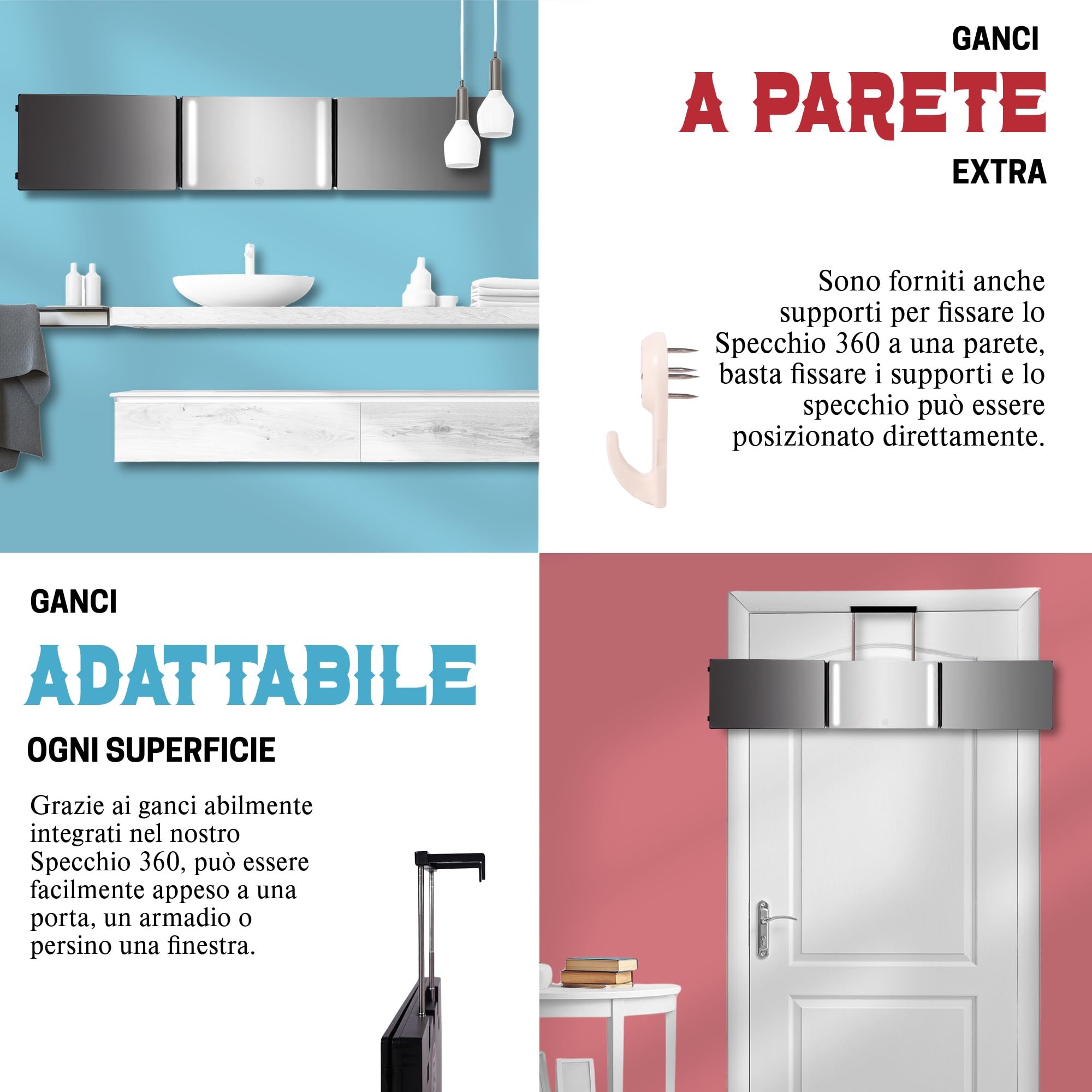 Specchio da taglio a 360 gradi - Altezza regolabile con ganci - Specchio pieghevole a 3 lati - Spechio da barbiere - Specchi da parrucchiere per uomo - Specchioo trittico da barbiere (I Con LED I)