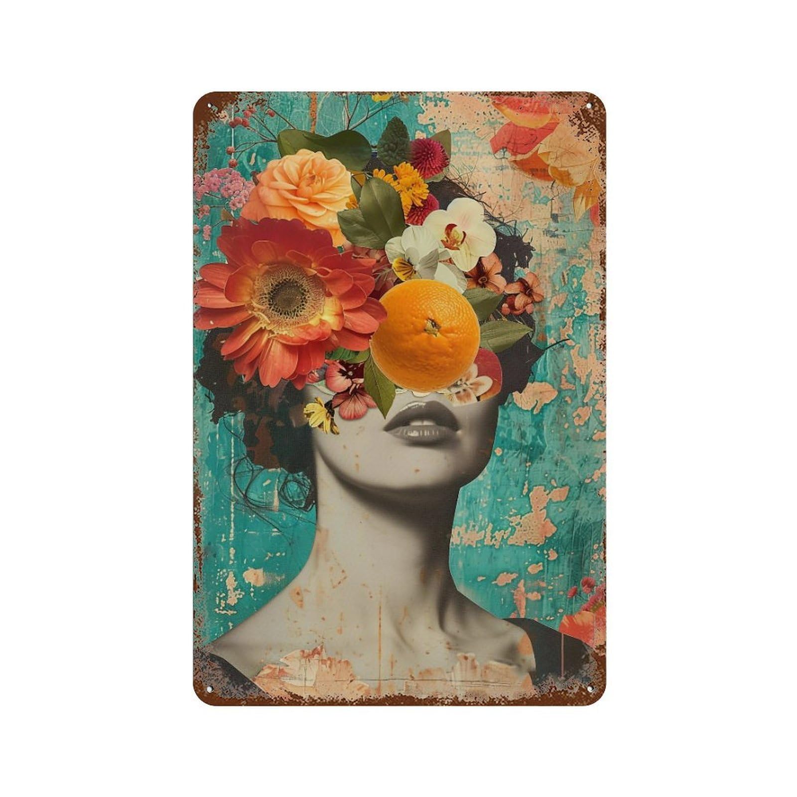 YHGERTKU Surreal Floral Collage Woman Portrait 04 Wall Art Retro Iron Vintage Metal Tin Sign Poster Modern Decor for Living Rooms Gift 30x20cm