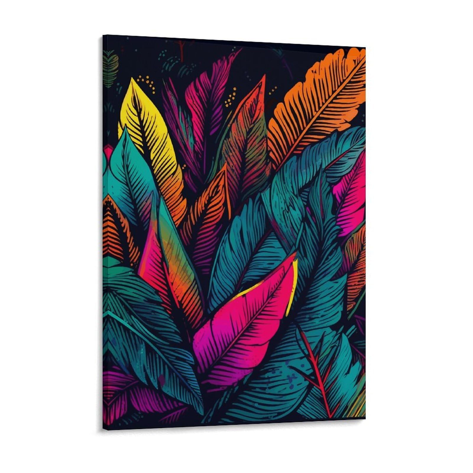 Colorful Tropical Leaves Pattern Canvas Wall Art for Bedroom 12x16inch Canvas Prints Artwork for Walls Modern Picture Artwork Painting for Living Room Aesthetic Wall Paintings for Bathroom Ki
