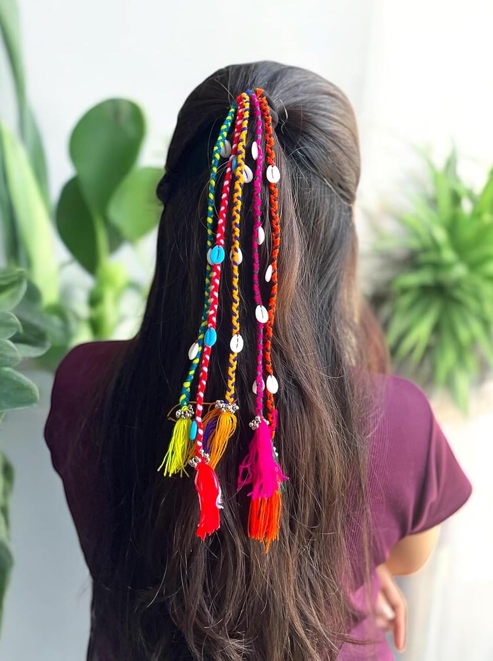 5 Line Navratri Look Hair Braids with Rubber Bands Girl and Women, Hair Accessory for Everyday Style and Rainbow Color Braids Extensions Hair Color | Boho Chic Style (Multicolour)-picture-22