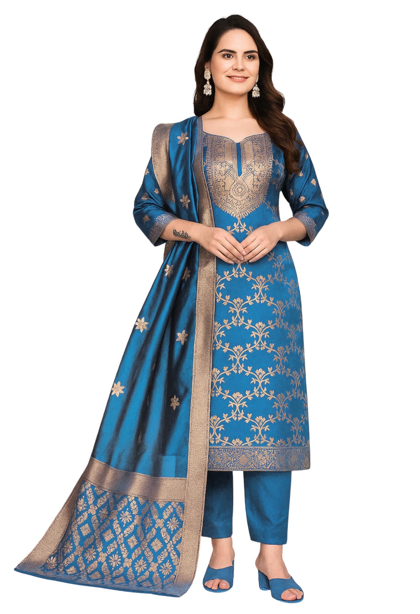 Women's Unstitched Jacquard Silk Suit Dress Material Banarasi Style Kurta Dupatta Set Designer Woven Fabric-image-17