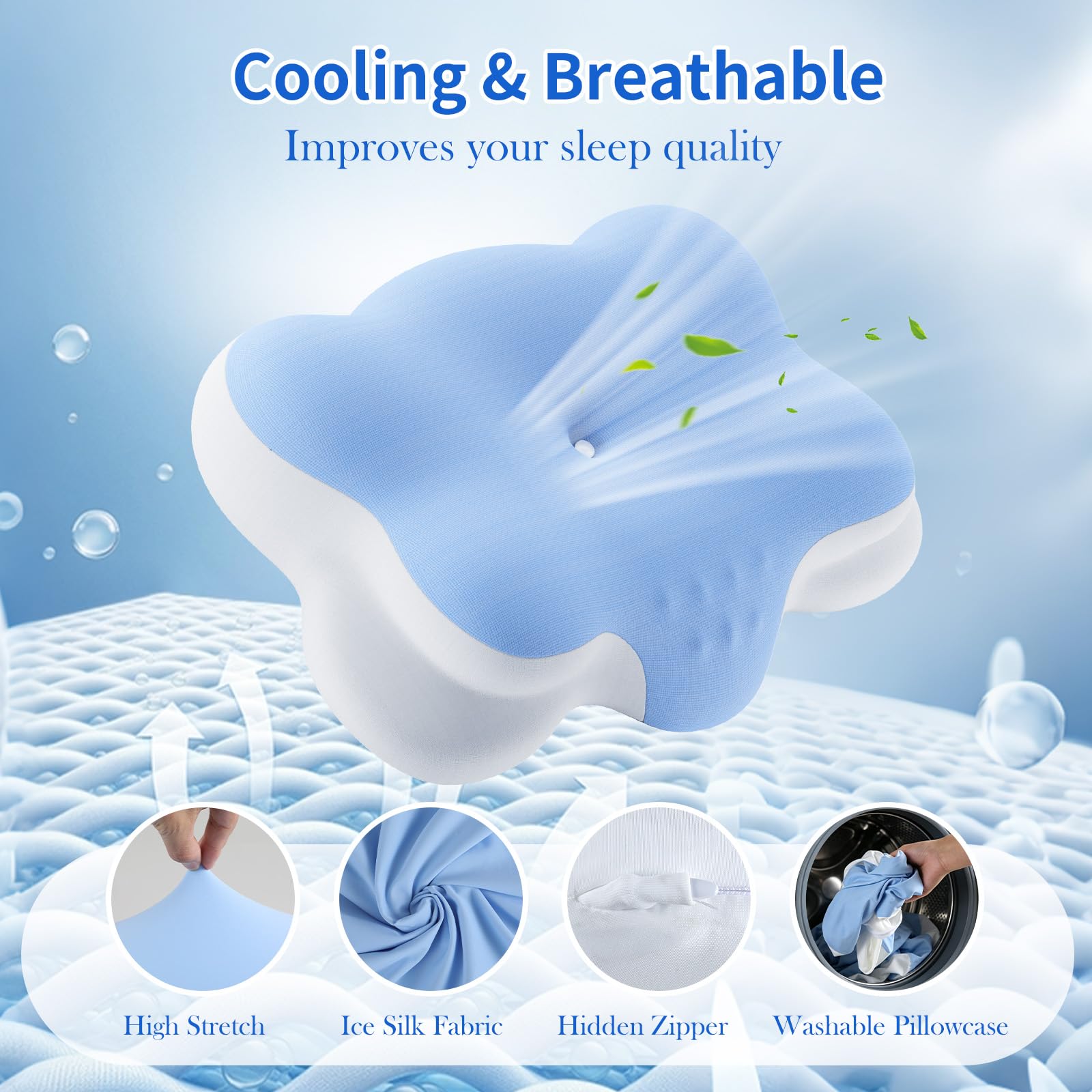 Cuscino Cervicale Memory Foam, Cuscino Ortopedico a forma di nuvola con federa rinfrescante per chi Dorme su un fianco sulla schiena e a pancia in giù