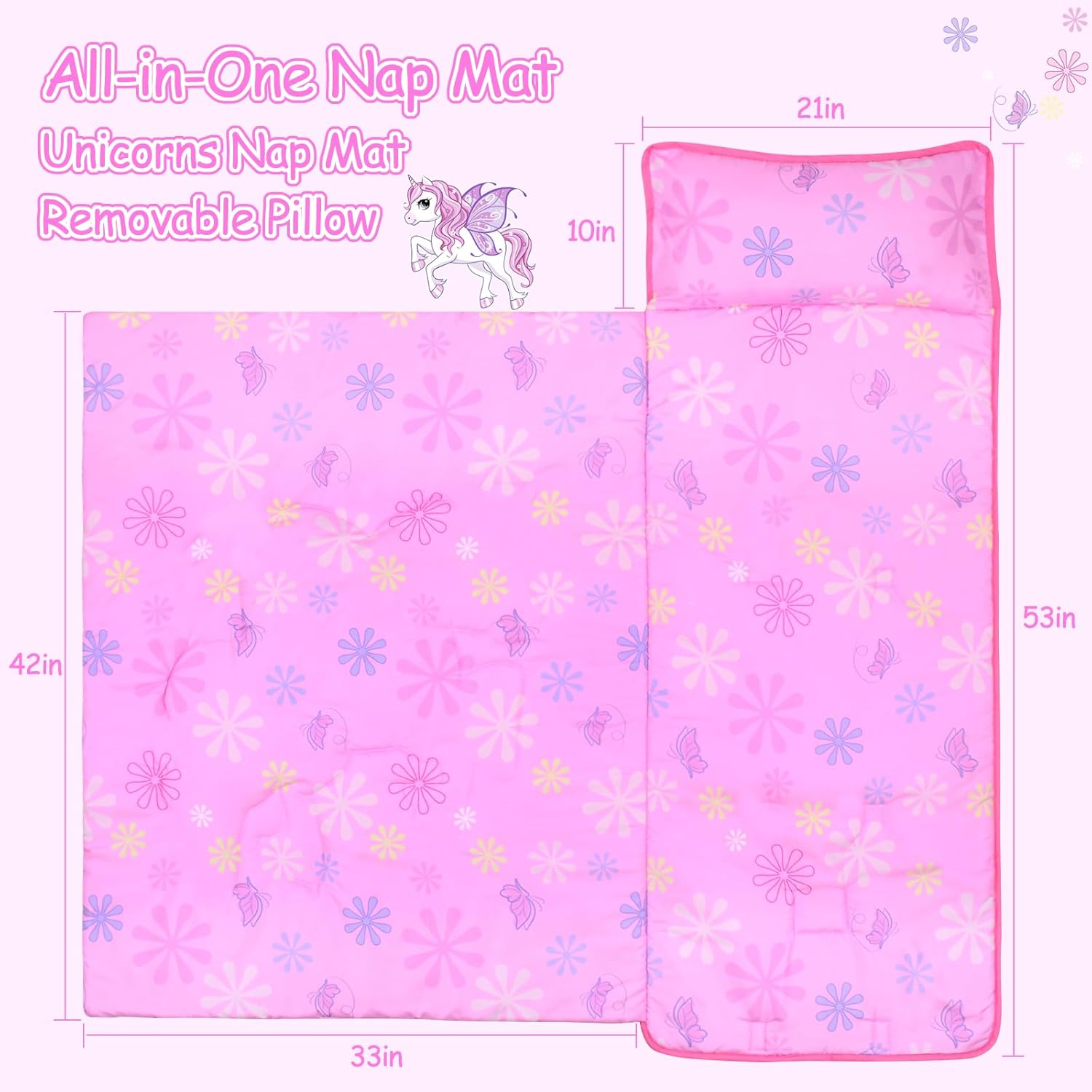 Unicorns Nap Mats for Preschool with Removable Pillow and Blanket Kids Sleeping Bag with Pillow Reinforced Stitching Machine-Washable, Soft Nap Mats for Daycare, Travel, Camping 53"x21"