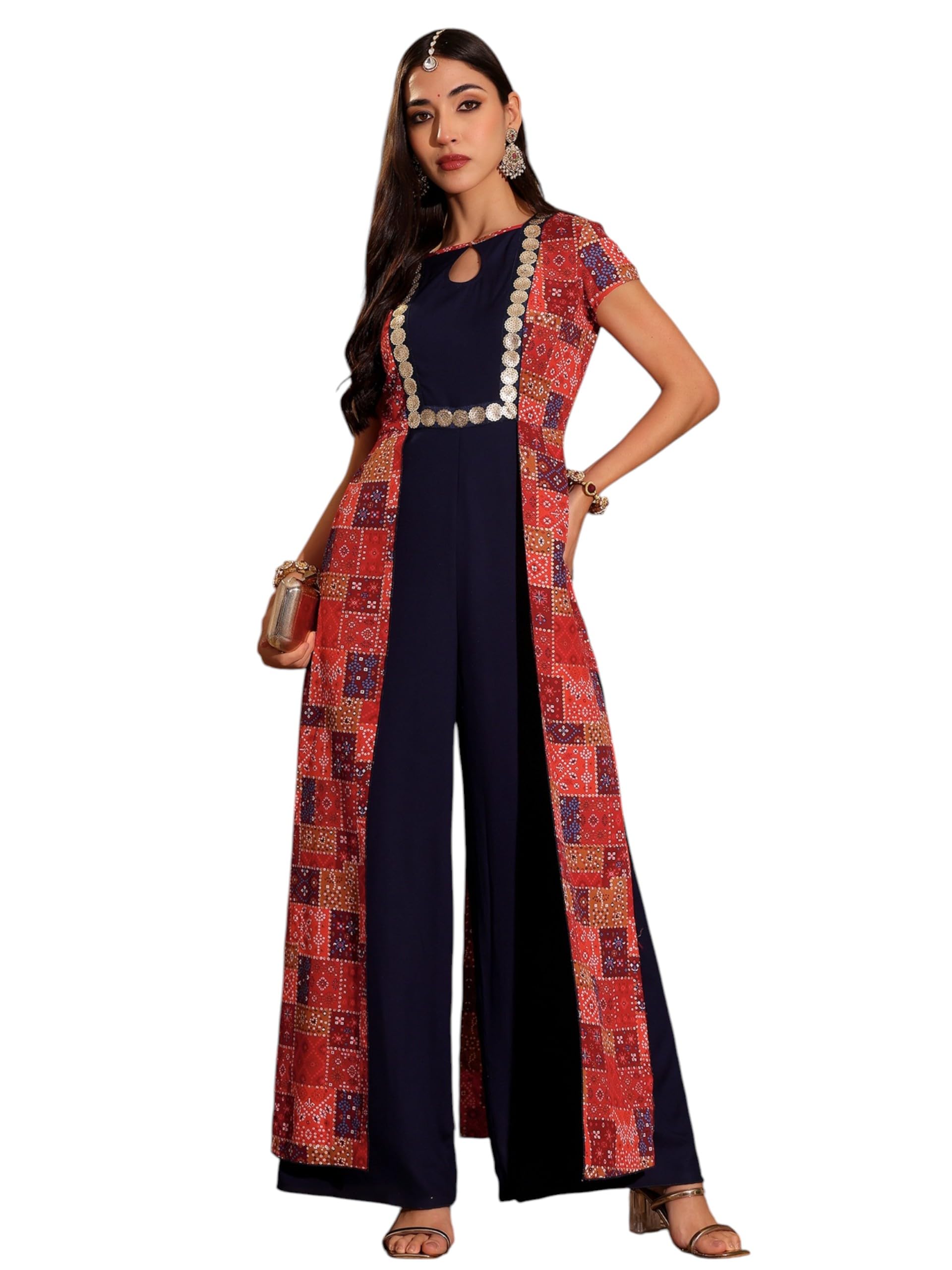 miss chase Women's Keyhole-Neck Regular-Sleeve Bohemian Paneled Viscose-Rayon Regular-Length Jumpsuit-picture-20