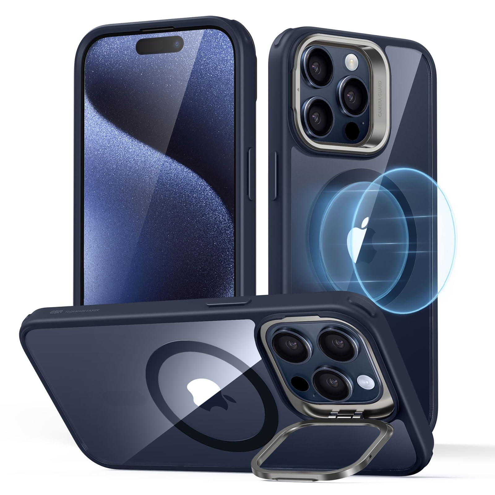 ESR Cover per iPhone 15 Pro Max con Cavalletto Magsafe, Custodia con Halolock, Protezione di livello militare, Supporto ad anello per la fotocamera integrato,Blu Trasparente