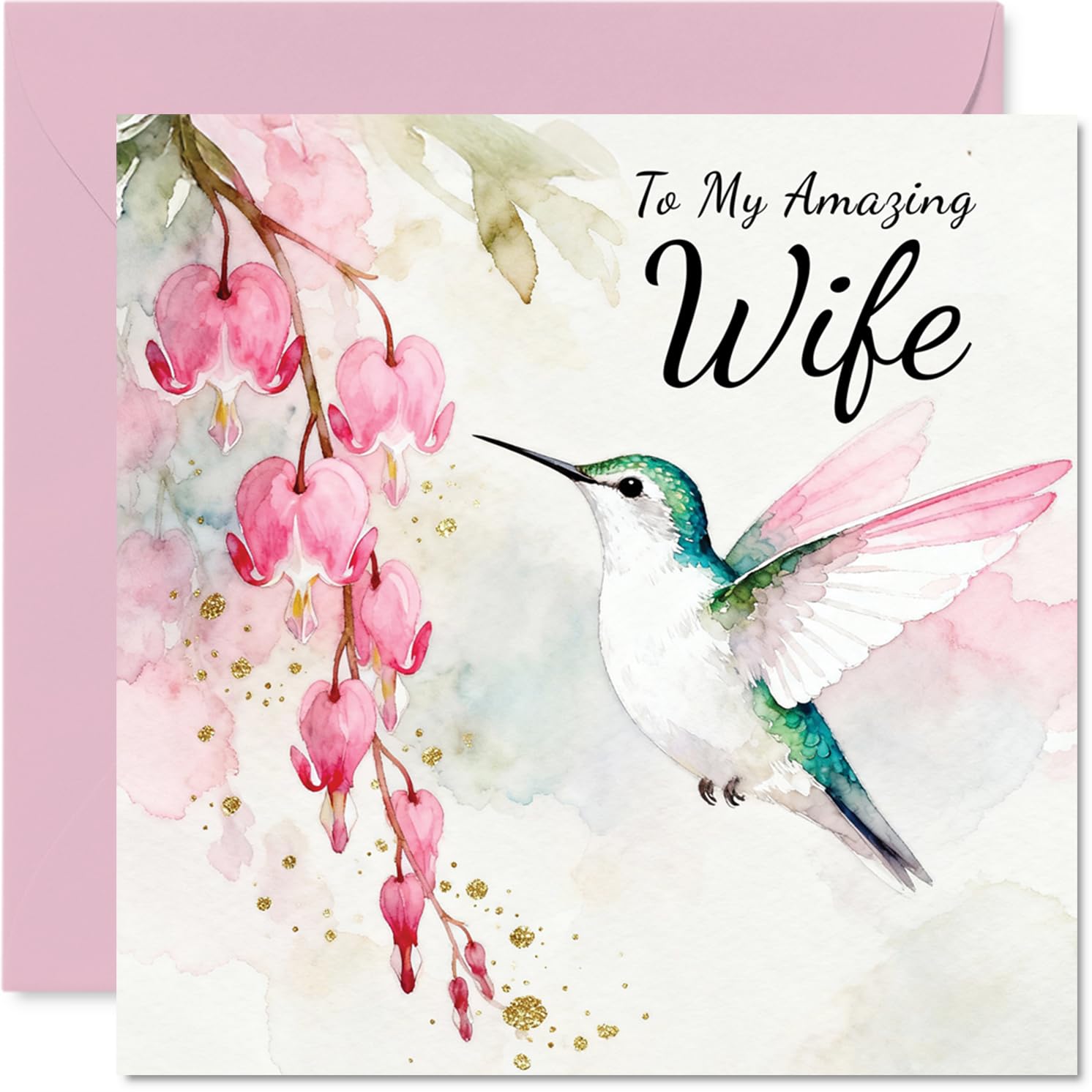 Wife Birthday Card - Hummingbird Wishes - Happy Birthday Card for Wife from Husband Partner, 145mm Pink Floral Illustration Bday Greeting Cards