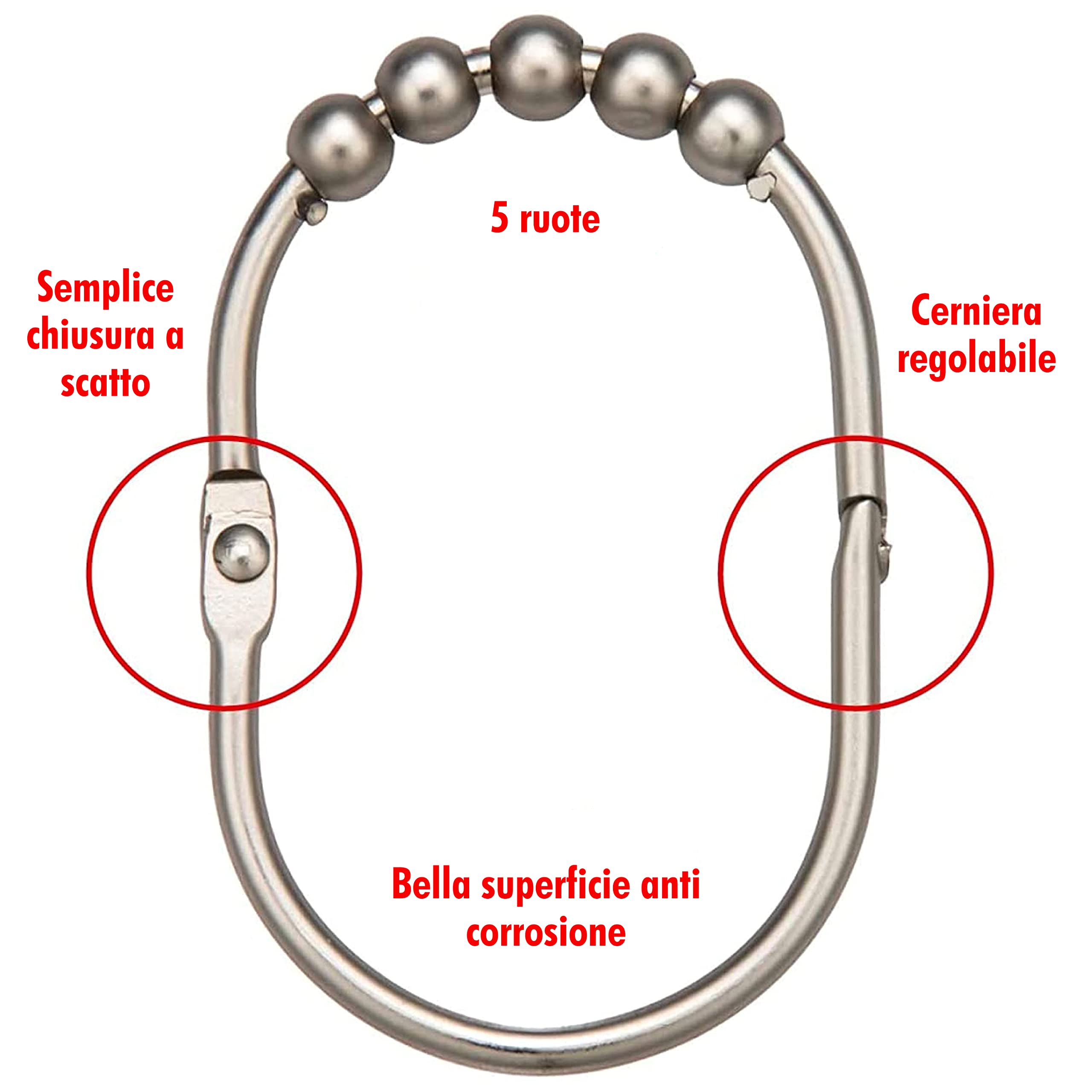 2 Lb. Depot Set di anelli/ganci per tende da doccia larghi, finitura decorativa in nichel satinato spazzolato, rulli Easy Glide, 100% acciaio inossidabile antiruggine, set di 12 anelli