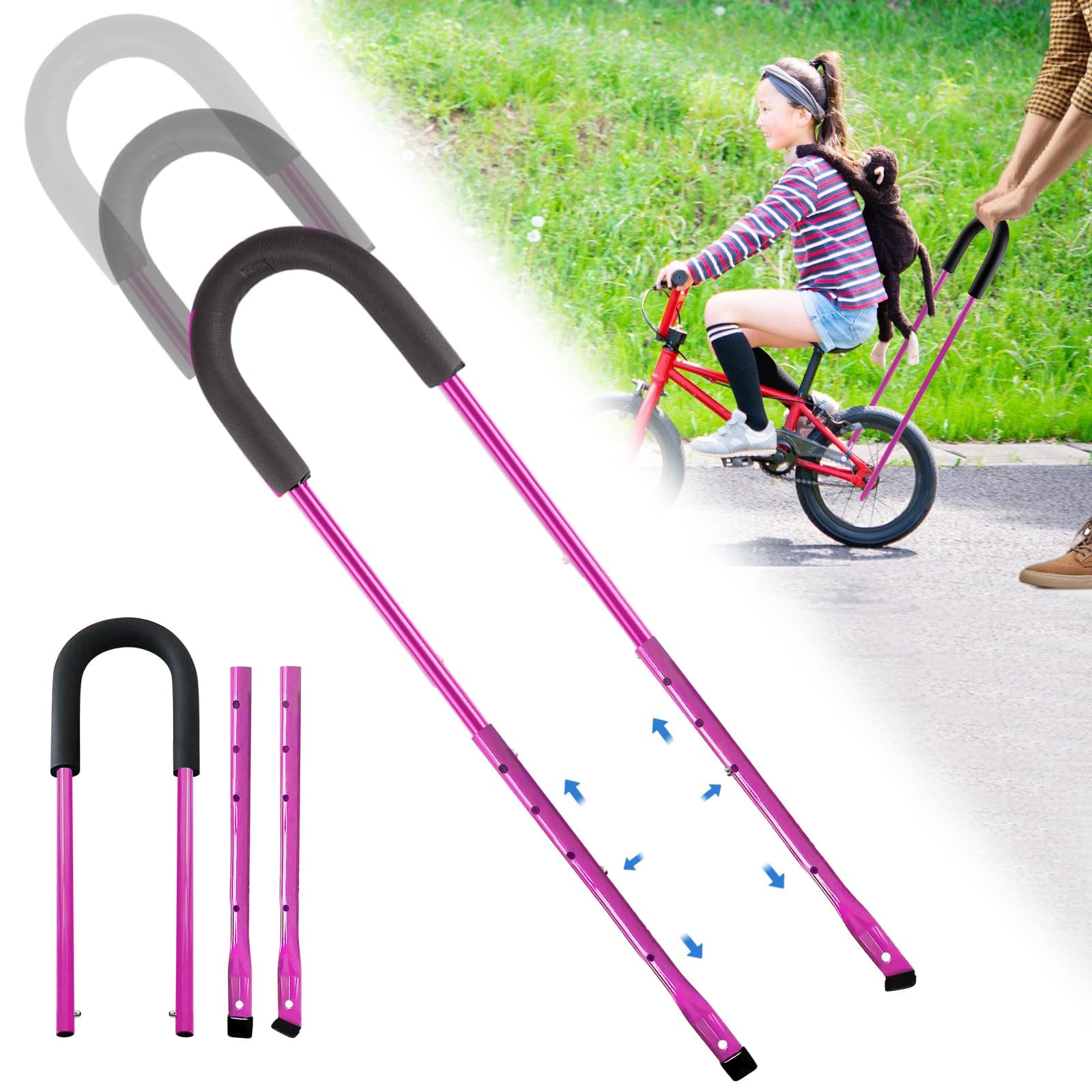 BORDEAG Asta di spinta per bicicletta, regolabile, supporto per l'apprendimento della bicicletta, per manubrio, aiuto per l'apprendimento della bicicletta, adatto ovunque, barra di spinta universale