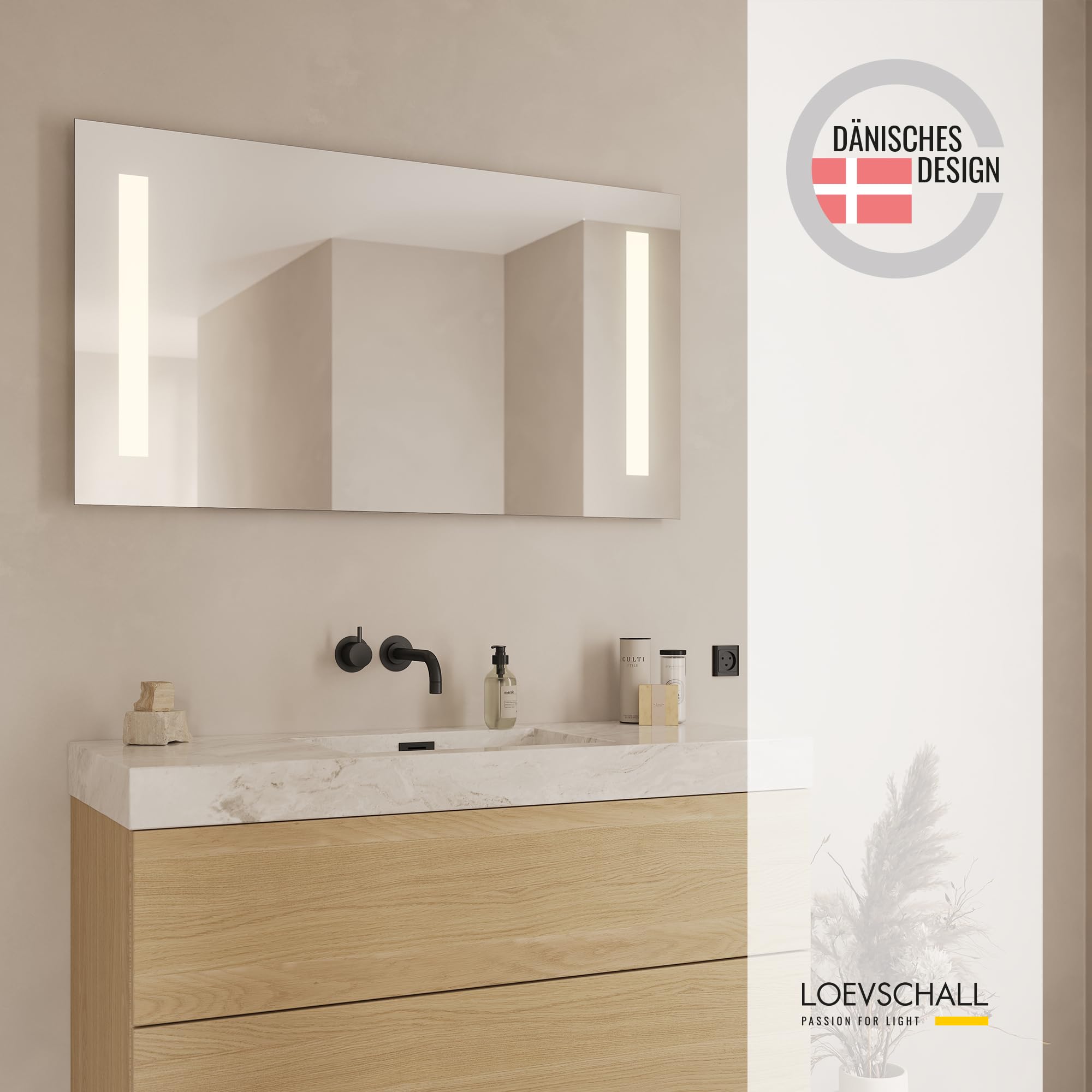 Loevschall Godhavn kwadratowe lustro łazienkowe z oświetleniem LED, z przełącznikiem dotykowym, 120 x 65 cm, regulowane lustro łazienkowe z oświetleniem LED