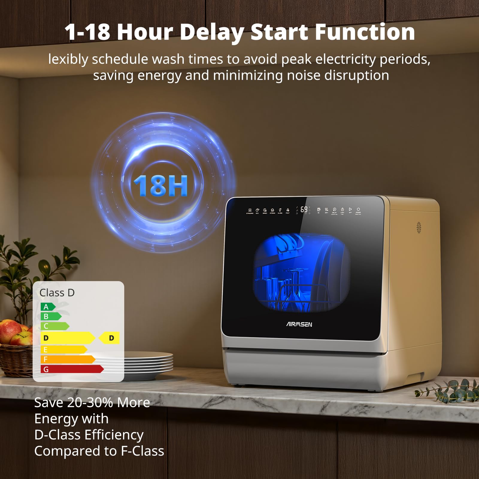 AIRMSEN 2025 NEW Upgraded Table Top Dishwasher, Countertop Dishwasher No Plumbing with Water Softener, 8+3 Wash Programs, 5L Tank, 1–18H Delay Start, Child Lock, 360° Dual Spray Arms — view 8