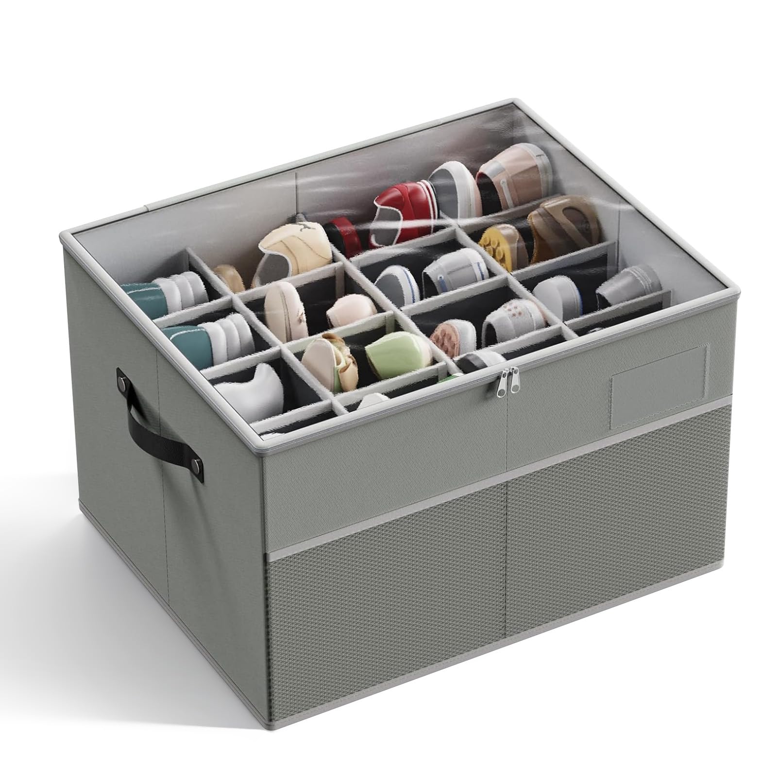 MIFXIN Shoes Storage Box Large Shoe Organizer for Closet Fit 16 Pairs Shoes Storage Bin Container with Clear Cover & Reinforced Handles, Space Saving Shoes Boot Organizer (Grey)