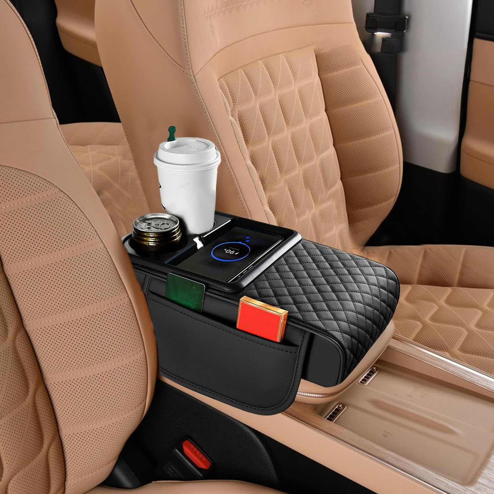 Autoarmruhe -Cover -Pad - künstliche Lederkonsolekissen, Seitentasche Organizer | Ellbogenunterstützung für die Armlehne des Autos, der Becherhalter für Tissue Box, Wasserflasche, Aufbewahrungsaufbewa
