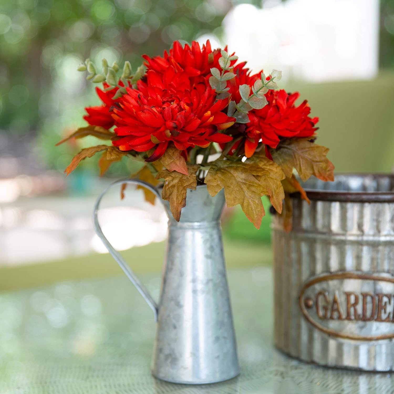 Flora Bunda Artificial Flowers 13" Tall Flame Mums in Watering Tin