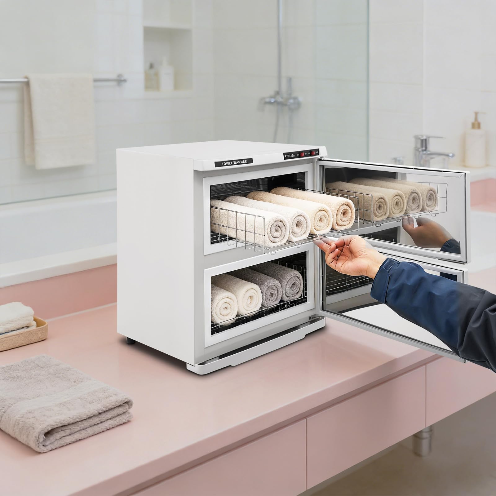 Calentador de toallas de 36 L, 2 puertas, con esterilización UV | Toallero desinfectante de gran capacidad, toallero con bandeja recogedora y asas, calentador de toallas para hotel