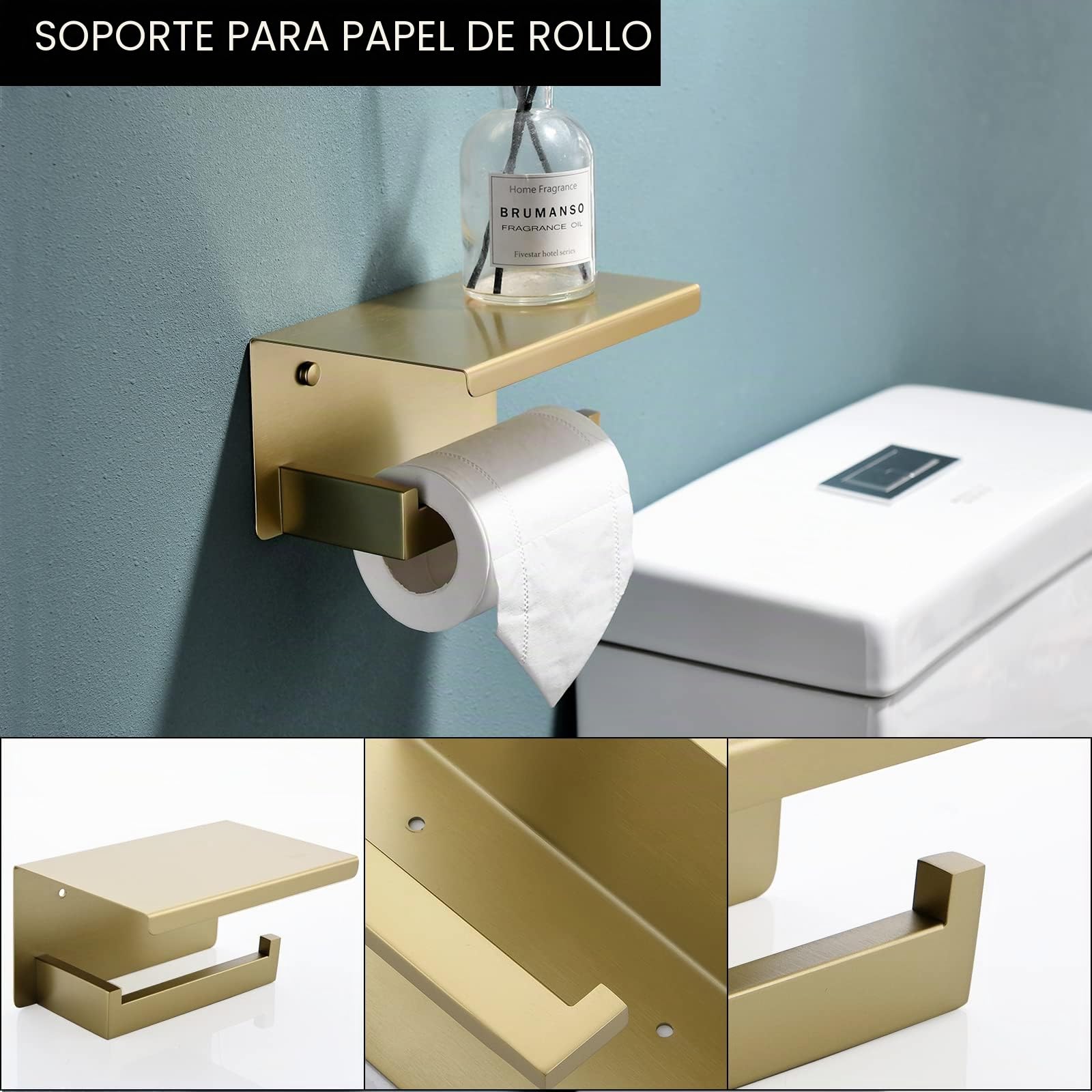 Juego de 5 Piezas de Accesorios de baño de 23.6 Pulgadas, Barra de Toalla Dorada, toallero, Anillo de Toalla, Gancho y Soporte para Papel higiénico con Estante montado en la Pared, Juego de