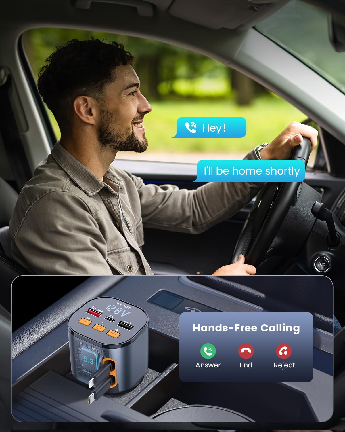 [Actualizado 2025] Cargador de coche retráctil PD de 81 W con Bluetooth 5.3, transmisor FM, llamadas manos libres, reproductor MP3, USB y visualización LED, adaptador Bluetooth USB-C para todos los