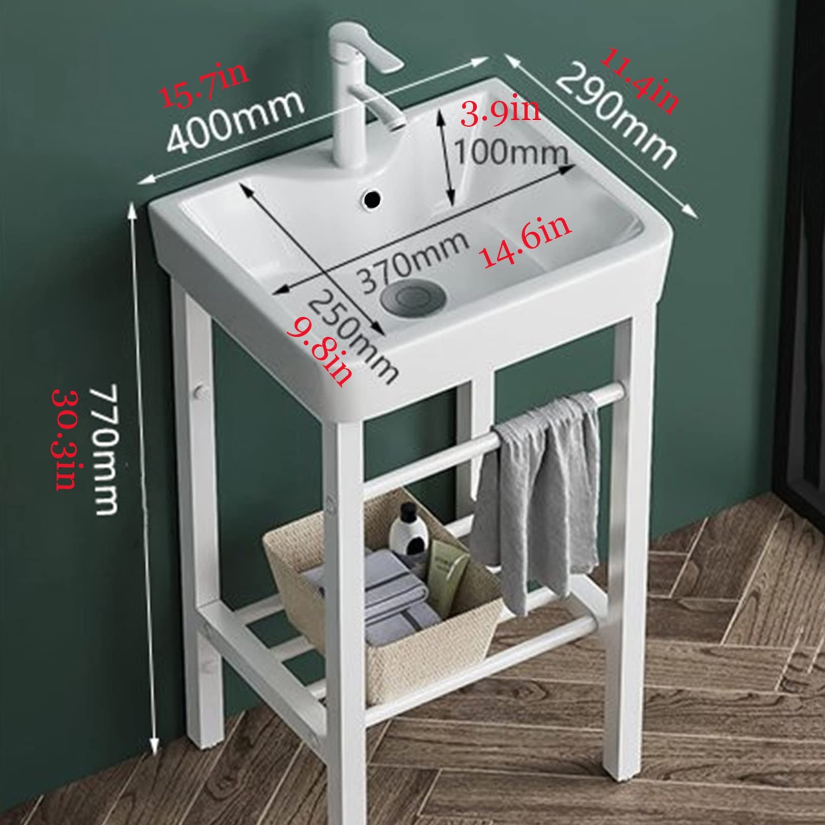 Blanco Lavabo de Cerámica,lavadero de Baño Lavabo de pie con Pedestal Lavamanos Pedestal Mueble de Baño , Fregadero con Soporte de Acero Inoxidable,Grifo,para Lavandería,Patio Garajes,Baños y Aseos (